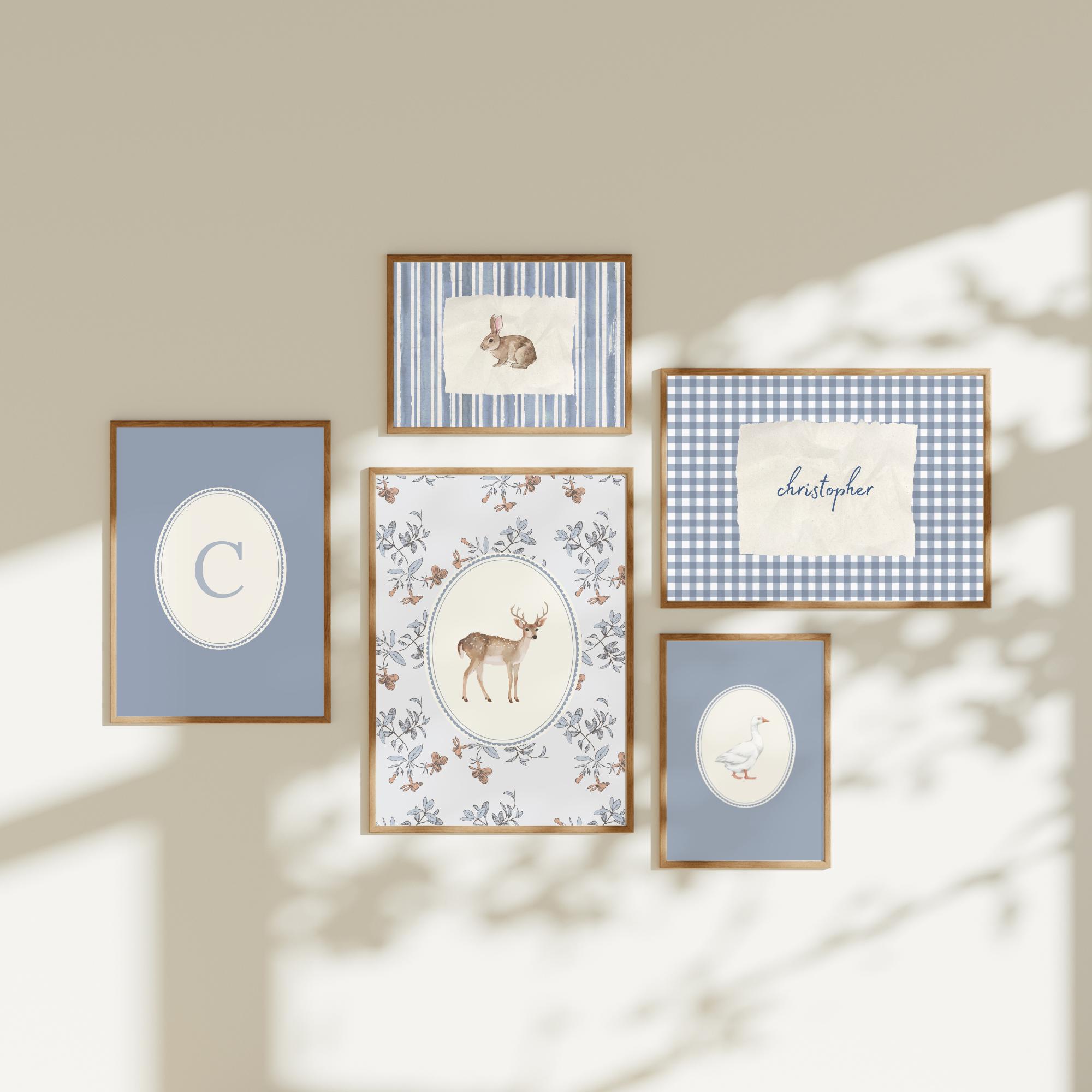 Set di 5 decorazioni artistiche personalizzate per la cameretta dei bambini, decorazioni stampabili per la cameretta dei bambini con motivo a quadrett