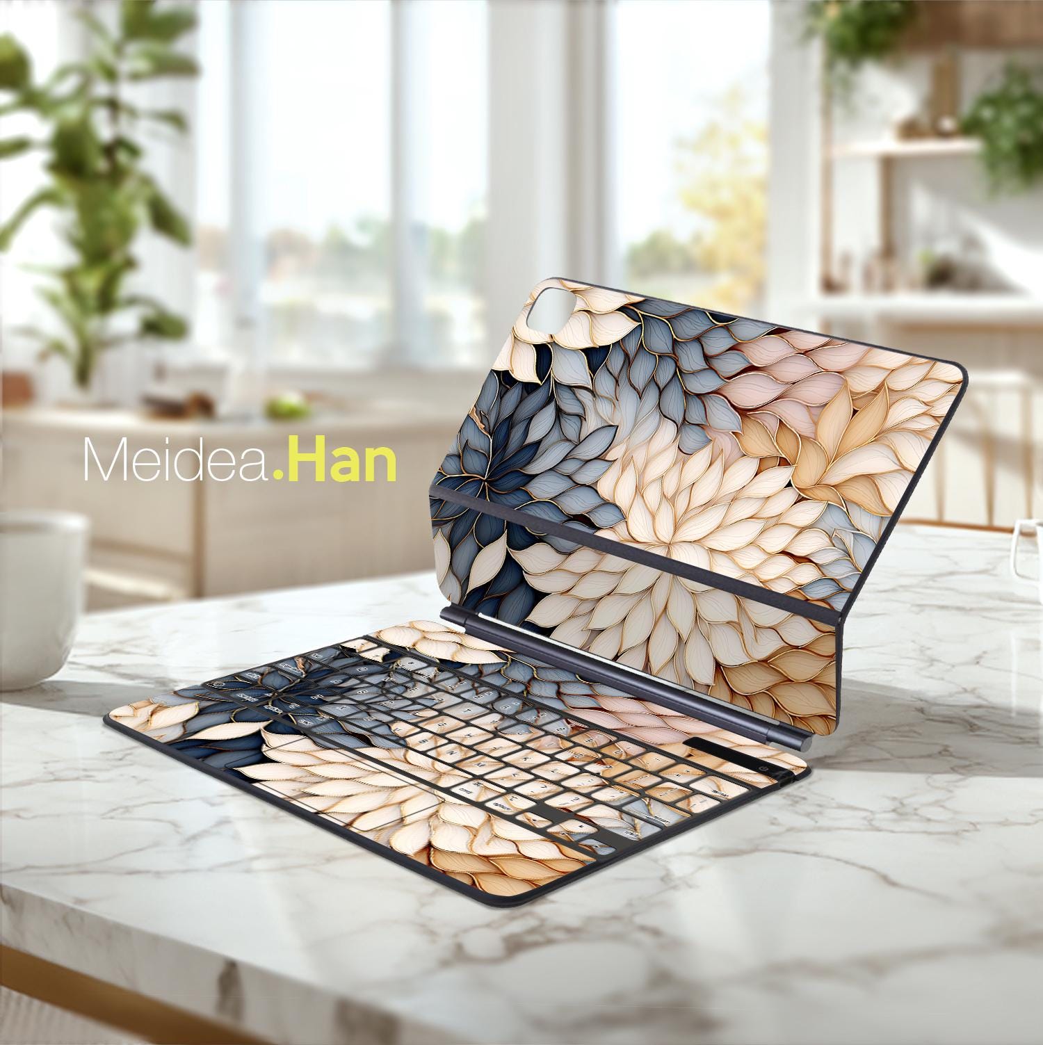 Pelle per tastiera magica personalizzata Pelle per tastiera magica Adesivo in vinile con motivo floreale beige per tastiera magica Smart Folio Tastier