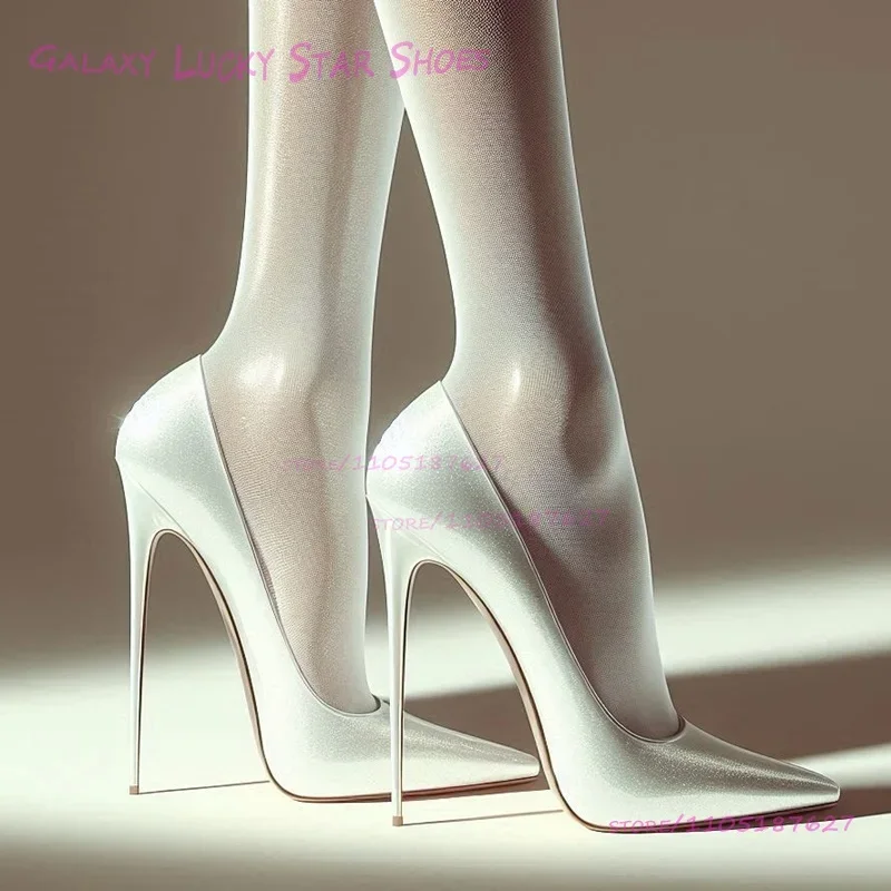 Reines weißes Lackleder mit spitzer Zehenpartie, 46 Größen, 12 cm Absätze, Damen-Hochzeitssandalen, Stiletto-Mädchen-Party-Pumps, elegante hohle Damenschuhe
