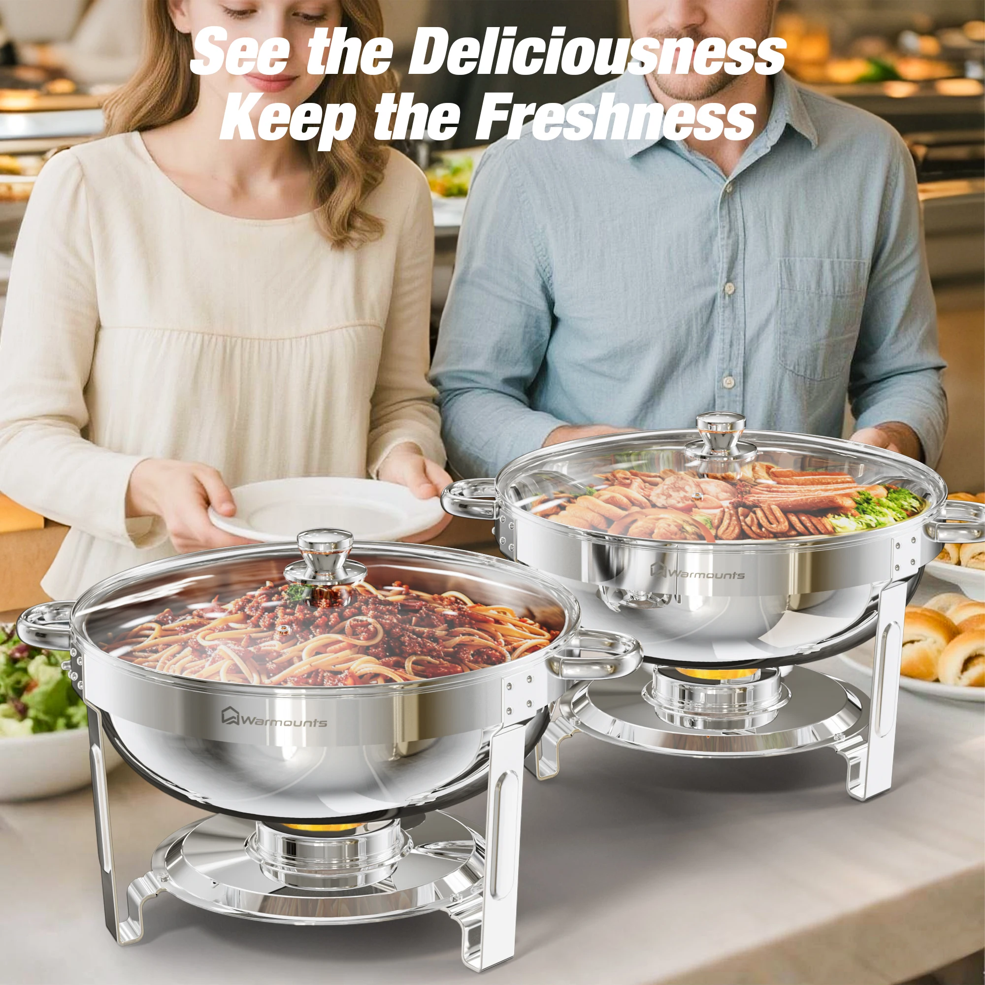 4er-Pack 5Qt Chafing Dish Buffet-Set aus Edelstahl mit 4 runden Catering-Wärmer-Services in voller Größe für Partybankette Image