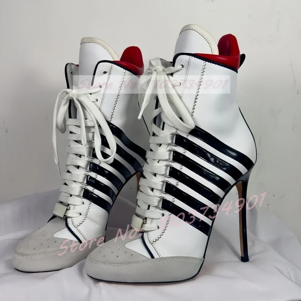 Weiß High Top Sneaker Heels Stiefel Frauen Sexy Patchwork Runde Kappe Lace-up High Heels Stiefel Damen Luxus Party stiletto Schuhe Image