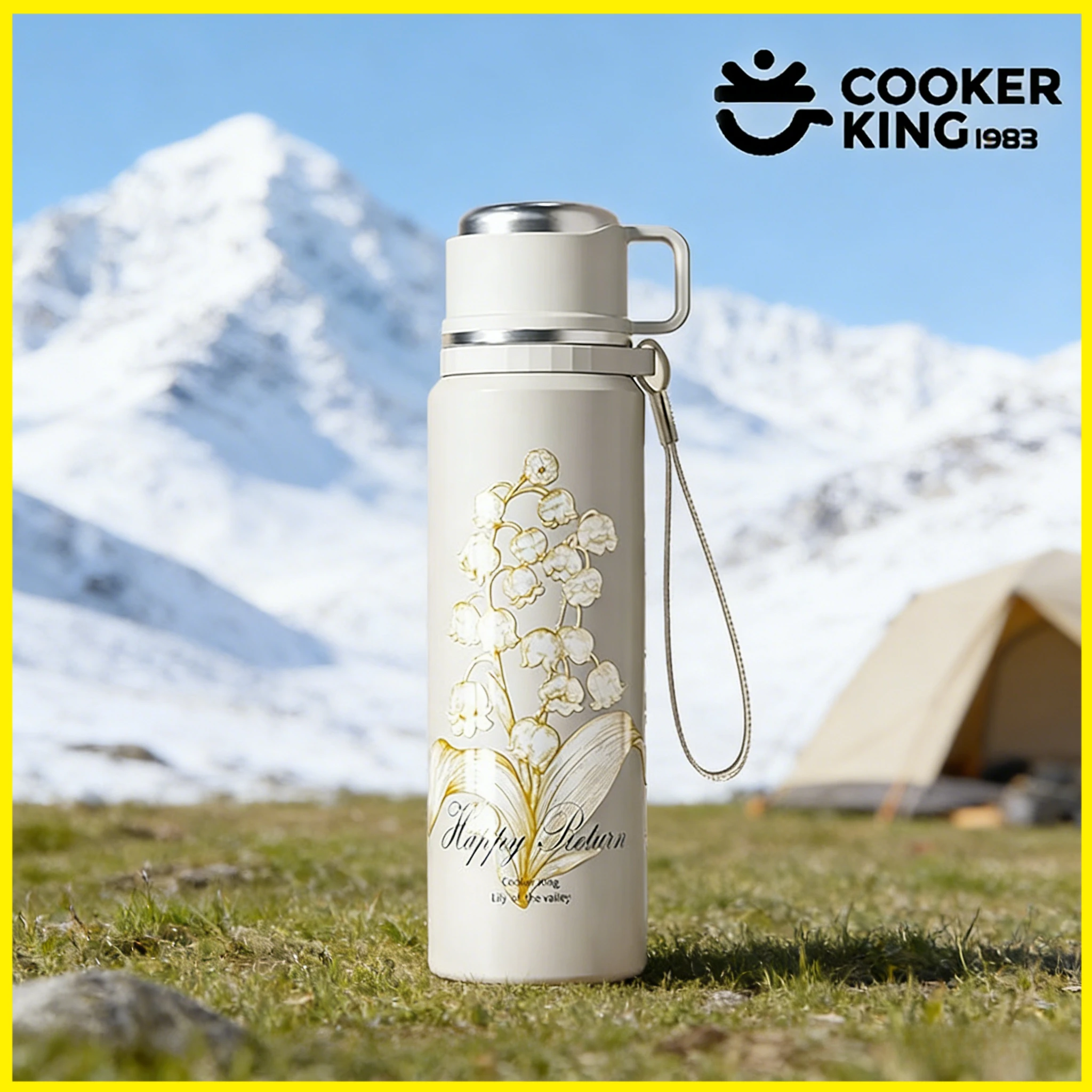 COOKER KING 600/800 ml isolierter Becher mit großem Fassungsvermögen, 316 Edelstahl + PP-Blumenbecher mit Hebeseil, Wasserflasche, Festival-Geschenk Image