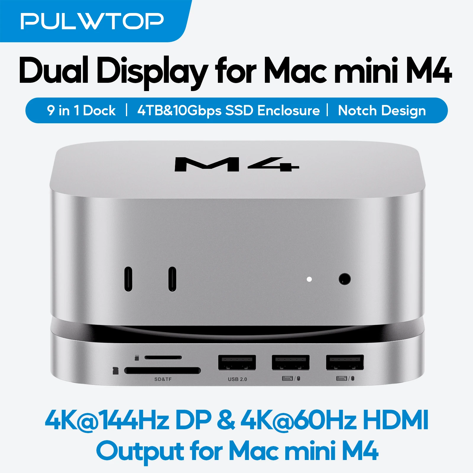 PULWTOP Mac Mini M4 Dock mit 4 TB NVMe SSD-Gehäuse (SSD NICHT im Lieferumfang enthalten), DP 4K 144 Hz und HDMI 4K 60 Hz, USB A 2.0, SD/TF, Audio Image