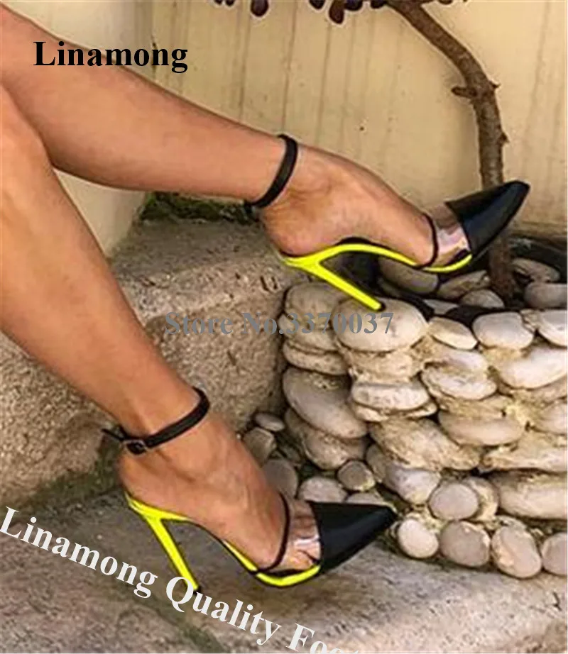 Linamong Neueste Spitz Patchwork PVC Stiletto Pumps Mischfarben Transparent Cut-out High Heels Sexy Kleid Heels
