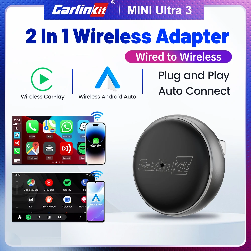 CarlinKit Wireless CarPlay Box Mini Ultra 3, kabelgebunden mit kabellosem CarPlay-Adapter, USB-Plug-and-Play, WLAN, Bluetooth, schneller automatischer Anschluss Image