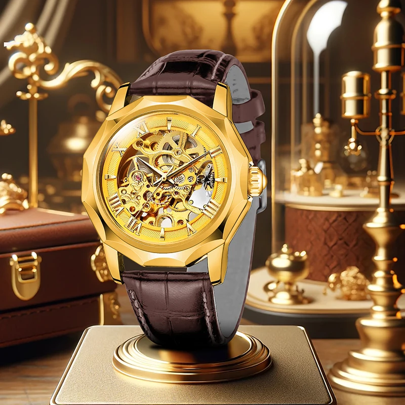 Eine stilvolle Herren-Herrenuhr mit goldenem Gehäuse, goldenem Zifferblatt und braunem PU-Lederarmband und mechanischem Uhrwerk Image
