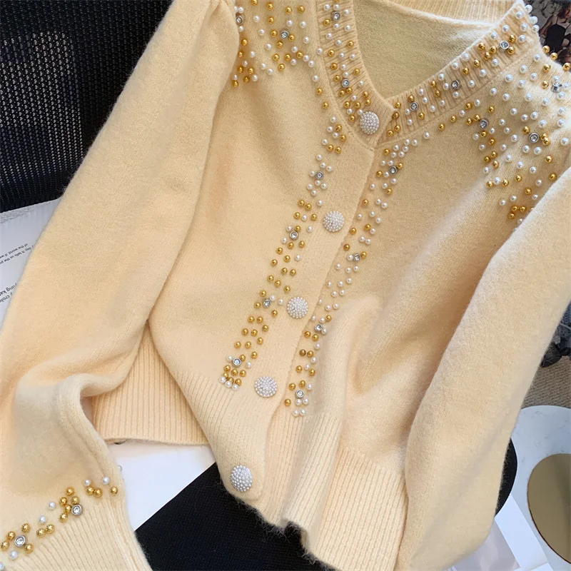 JBOLID Koreanische Elegante Weiße Strickjacke Frauen Perlen Patchwork Pullover Outer Winter Strickwaren Mode-Design Jumper