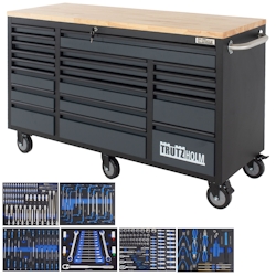 Baumarktplus Werkstattwagen Deluxe XXL 160x91cm 20 Schubladen gefüllt 254tlg CRV Anthrazit Werkzeugwagen Hartholz Image