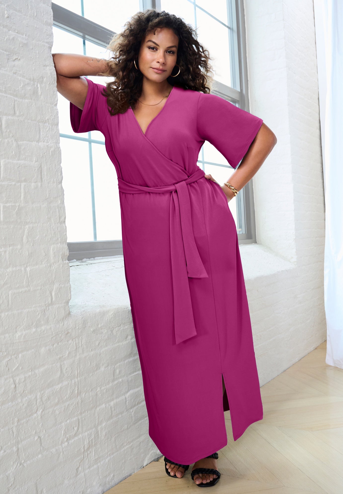 Plus Size Women's Plus Size Flutter Sleeve Wrap Maxi Dress by Roaman's in Raspberry (Size 14/16)
