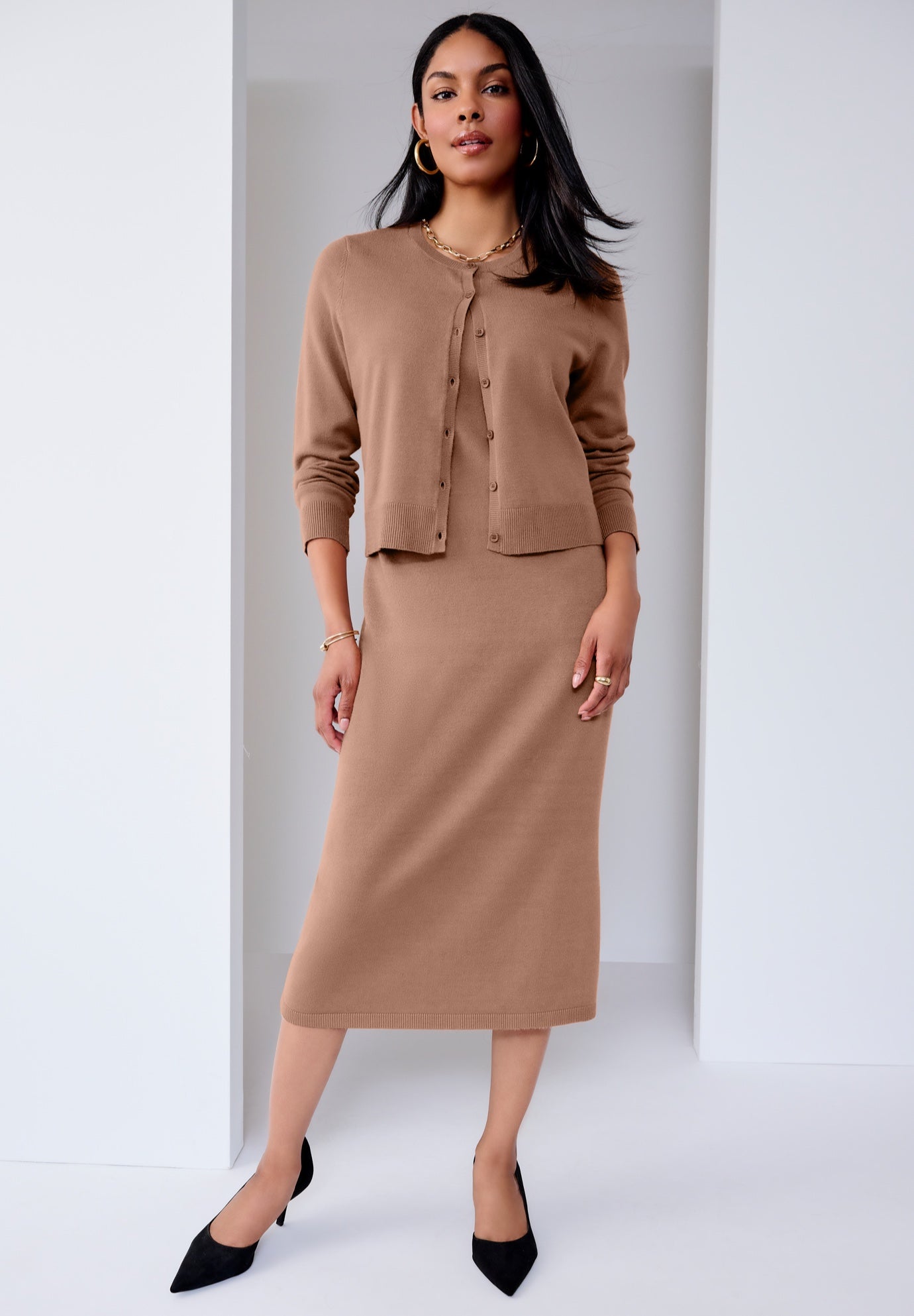 Plus Size Women's Two Piece Sweater Dress Set by Jessica London in Creamy Mocha (Size 26/28)