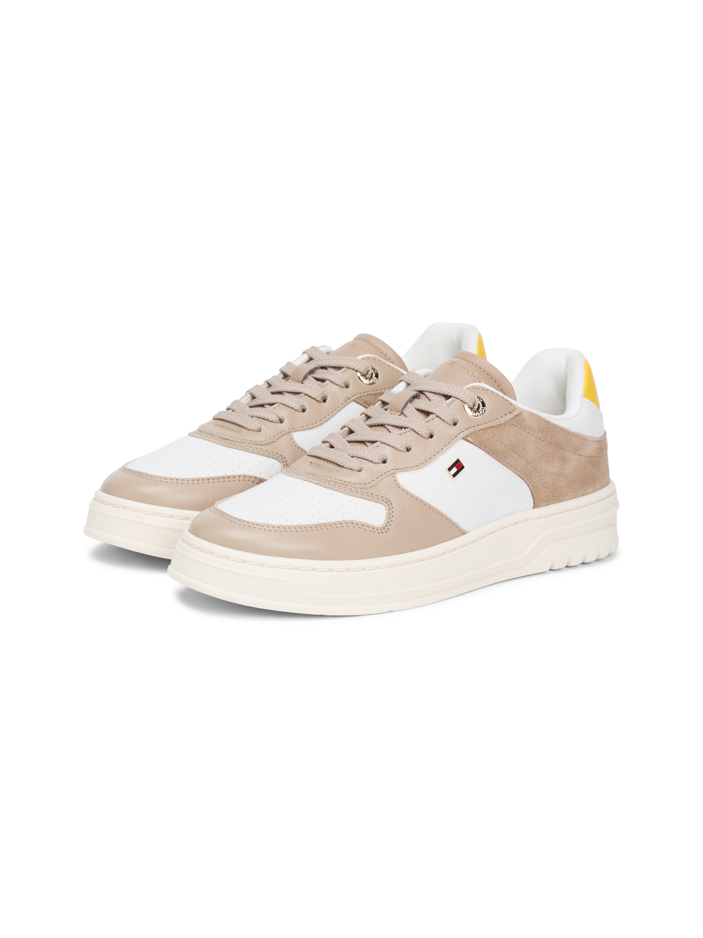 Plateausneaker TOMMY HILFIGER "TH SPORTY CUPSOLE TUMBLED LTR", Damen, Gr. 41, taupe, weiß, gelb, Leder, Schuhe Plateausneaker