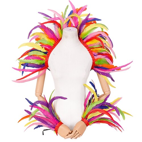Carnaval 2026 Accessoires Samba du Carnaval de Rio Écharpe d'Épaule et Jupe de Carnaval en Plumes Arc-en-Ciel - Costume de Danse Showgirl Multicolore Costume de Performance Festival Brésilien
