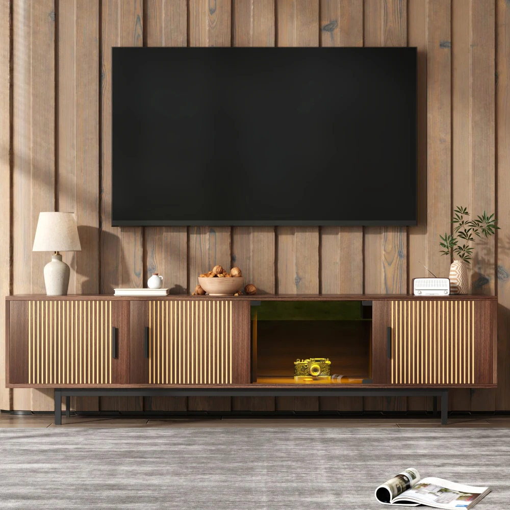 Meuble TV LED moderne avec texture sculptée-porte en verre trempé, meubles TV haute brillance pour salon, armoire de rangement