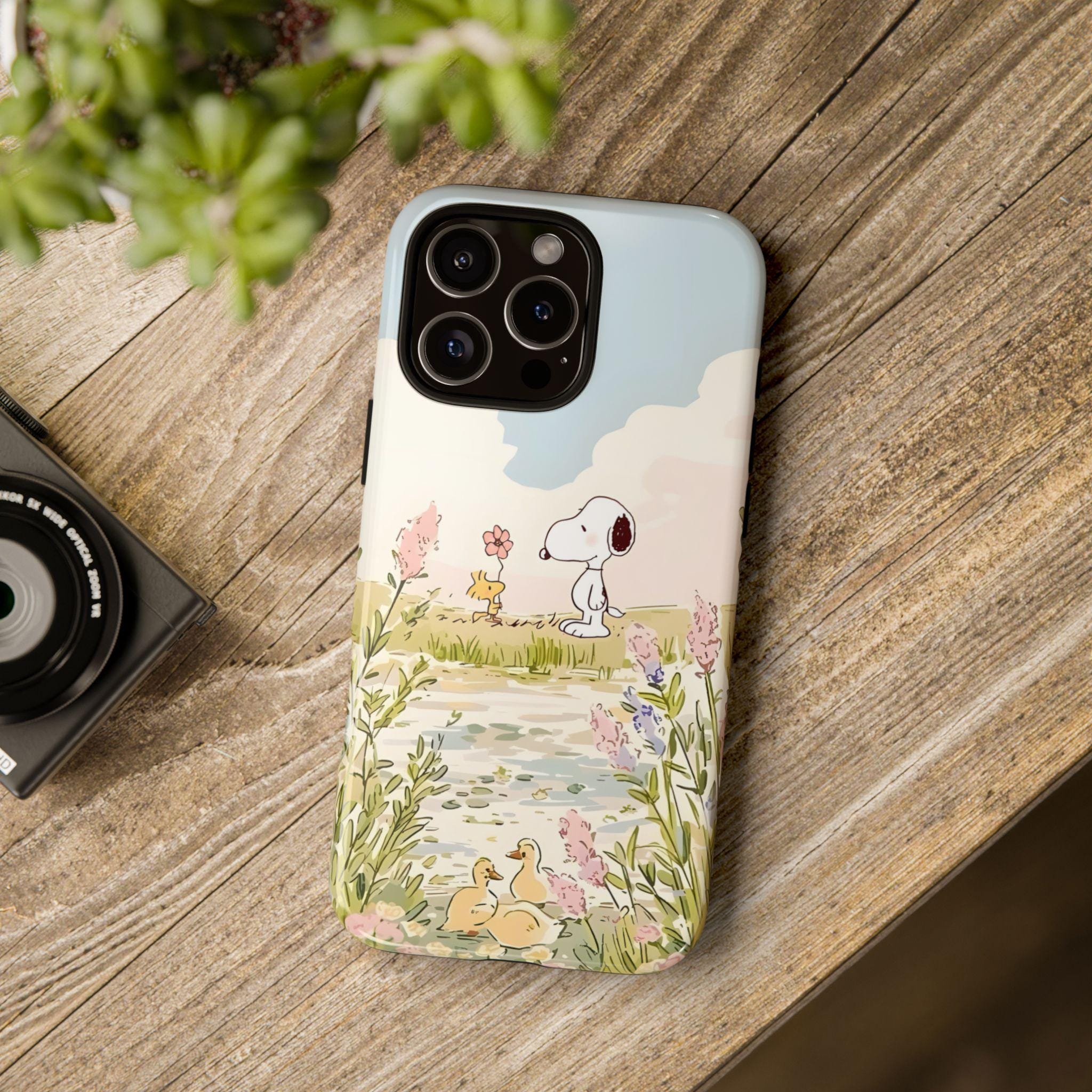 Custodia per telefono con motivo acquerello Snoopy e Woodstock, custodia rigida a forma di cartone animato compatibile con iPhone 17 16 15 14 13 12 11