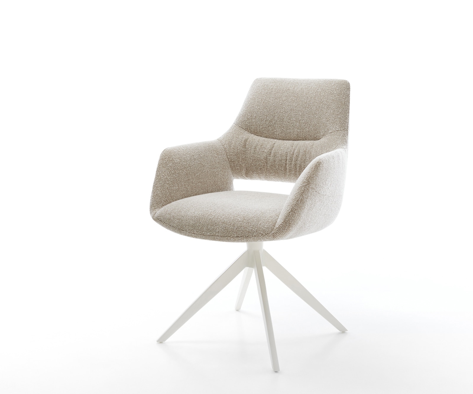 DELIFE Drehstuhl Yago-Flex mit Armlehnen Webstoff Soft Beige Kreuzgestell breit Weiß 360° drehbar Wippfunktion Taschenfederkern, Esszimmerstühle Image