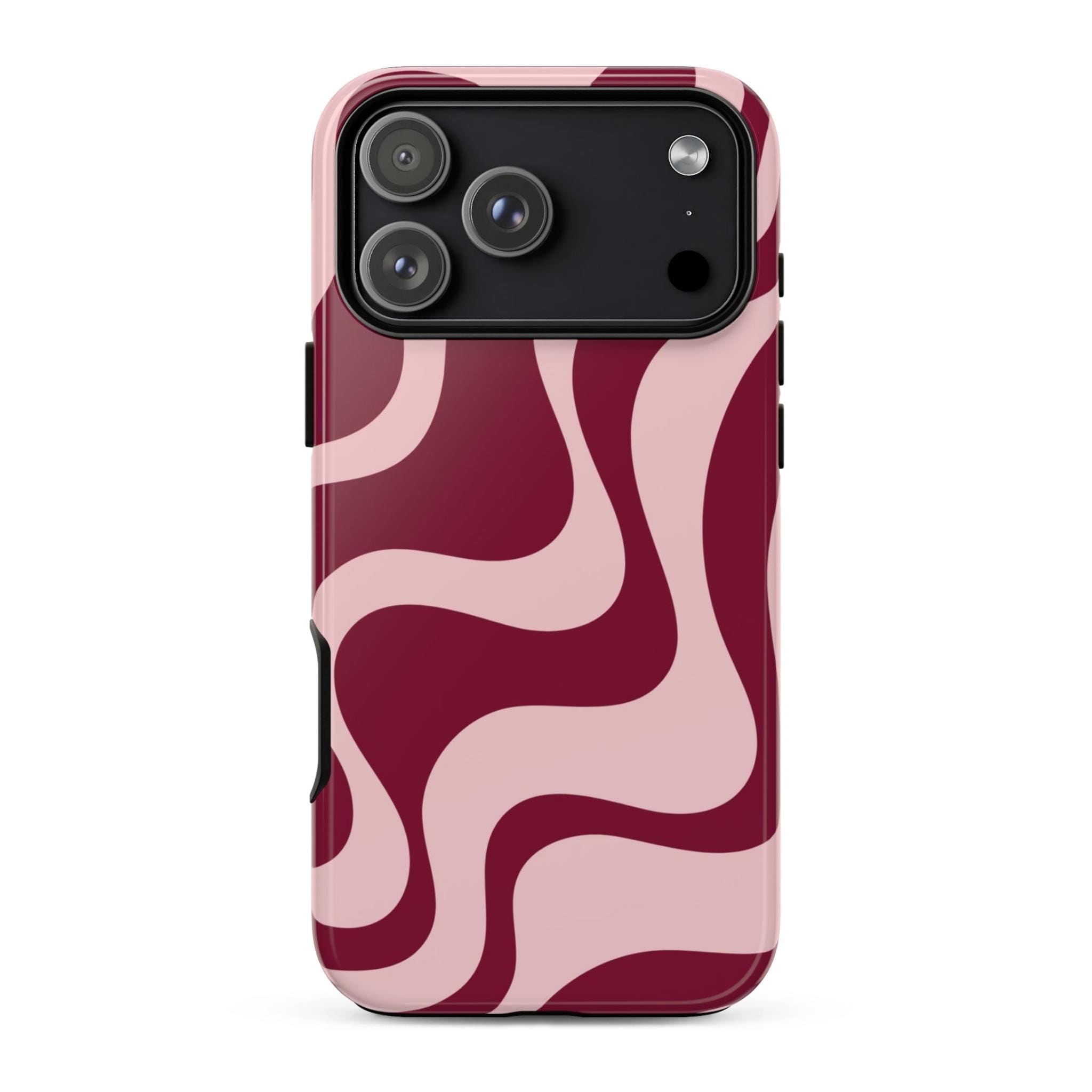 Cover per telefono ABSTRACT WAVY / Design retrò a spirale rosa bordeaux / Estetica artistica e carina per iPhone 17 16 Pro Max 15 14 13 MagSafe