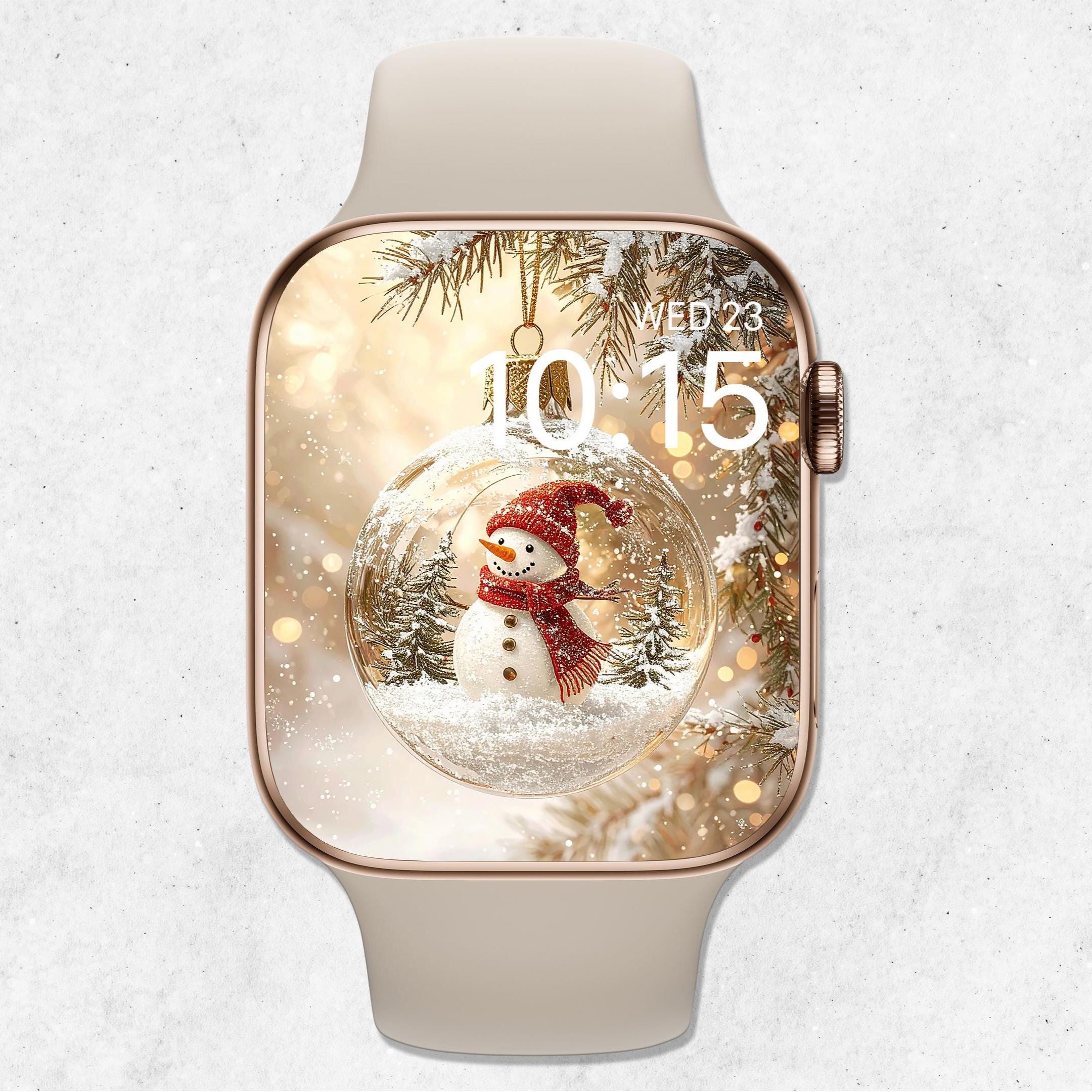 Sfondo per Apple Watch con pupazzo di neve, quadrante natalizio, sfondo per orologio con ornamenti, sfondo festivo per smartwatch, estetica glitterata