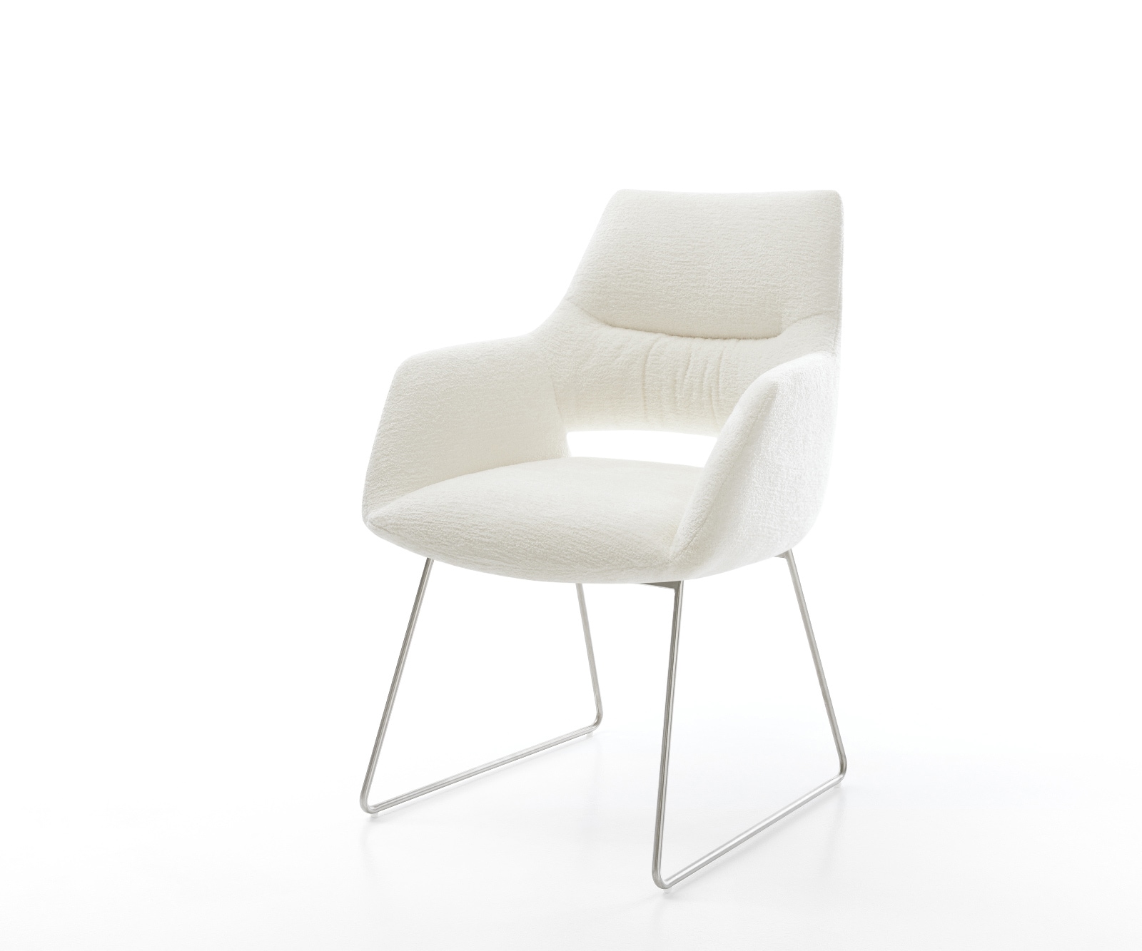 DELIFE Esszimmerstuhl Yago-Flex mit Armlehnen Bouclé Soft Beige Kufengestell Edelstahl Taschenfederkern, Esszimmerstühle Image