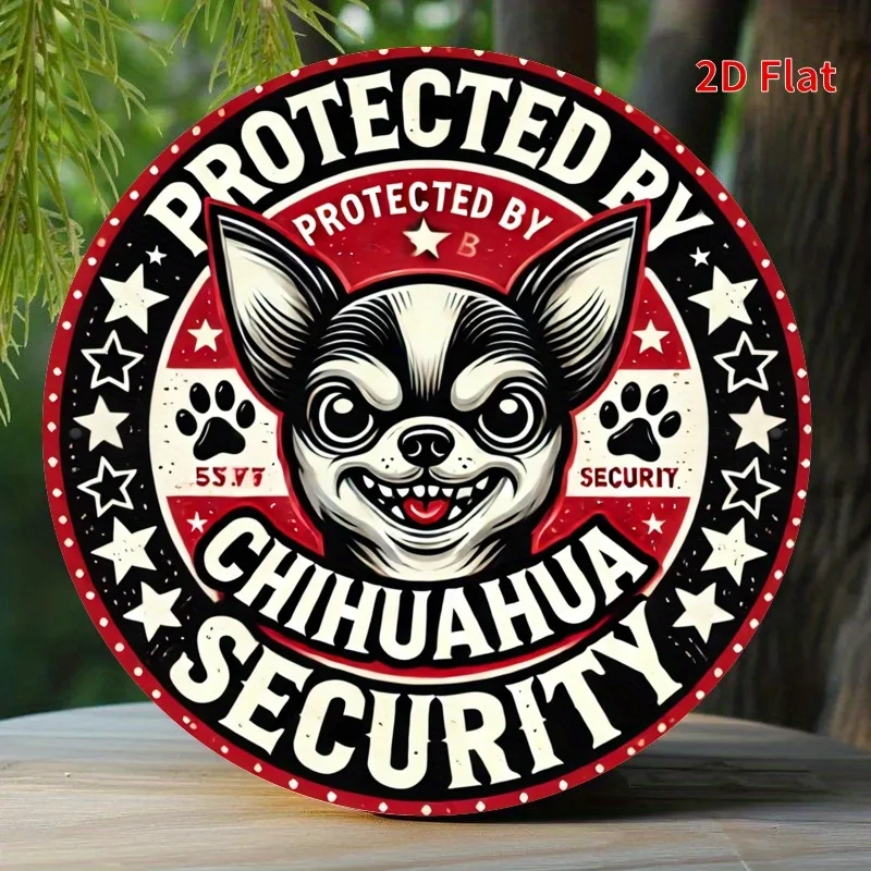Protected by Chihuahua Security Metallschild – lustige Wachhunddekoration mit roten Sternen, süßes Chihuahua-Gesicht für Zuhause, Büro, Ga Image