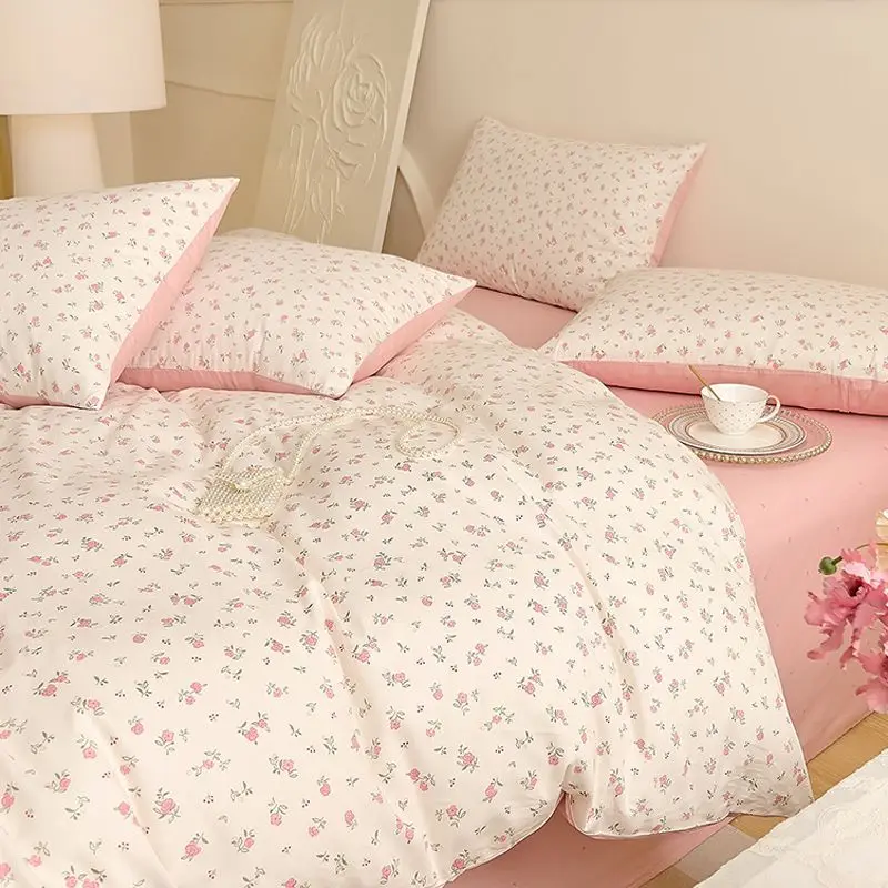 Ins – ensemble de literie à fleurs pour fille, rose, simple, Double, Queen Size, housse de couette, sans remplissage, drap plat, taie d