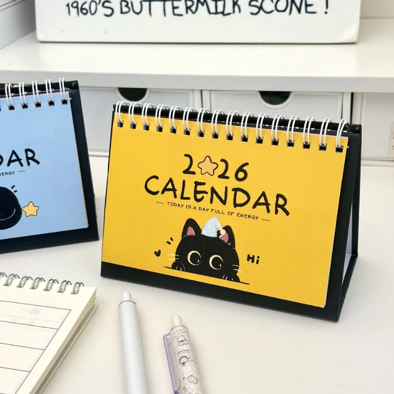 Kawaii-Katzen-Tischkalender 2026 – niedliches Cartoon-Design mit motivierenden Zitaten und Geschenk für Studenten, ästhetischer Katzenkalender, Anthrazit, Kitty Image