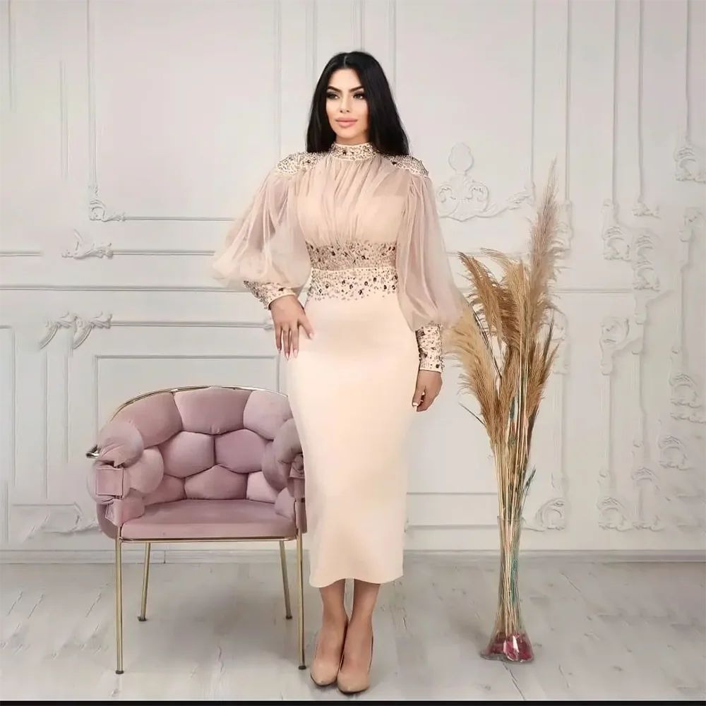 Luxury Evening Dress for Woman Crystal High Neck Long Sleeves Mermaid Evening Gown Tea Length Trumpet Formal Dresses Customized