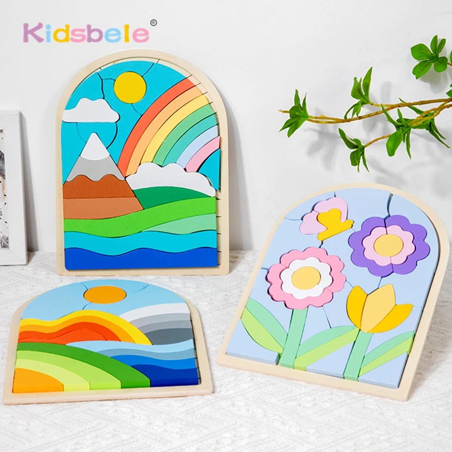 Montessori Holz Regenbogen Unregelmäßige Puzzle Brettspiel 3D Sensorischen Spiel Spielzeug Kind Form Farbe Anerkennung Bausteine Party Geschenk Image