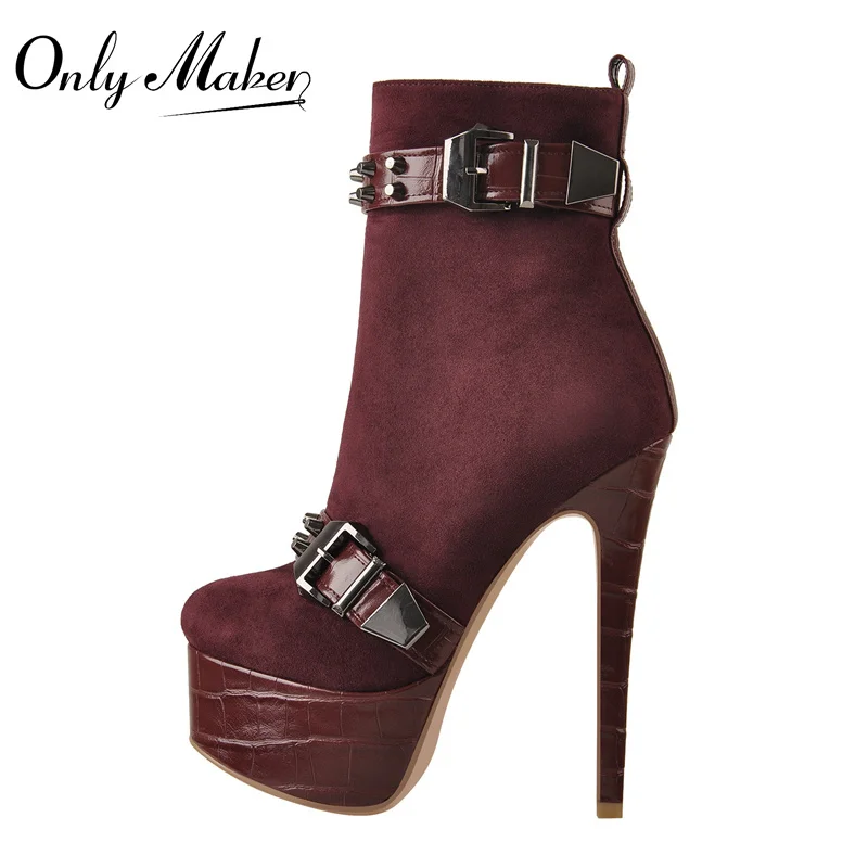 Onlymaker Damen-Plateau-Stiefeletten, schwarz, rot, Wildlederimitat, Metallschnallen, Niete, dünner Absatz, Reißverschluss, große Winterstiefel