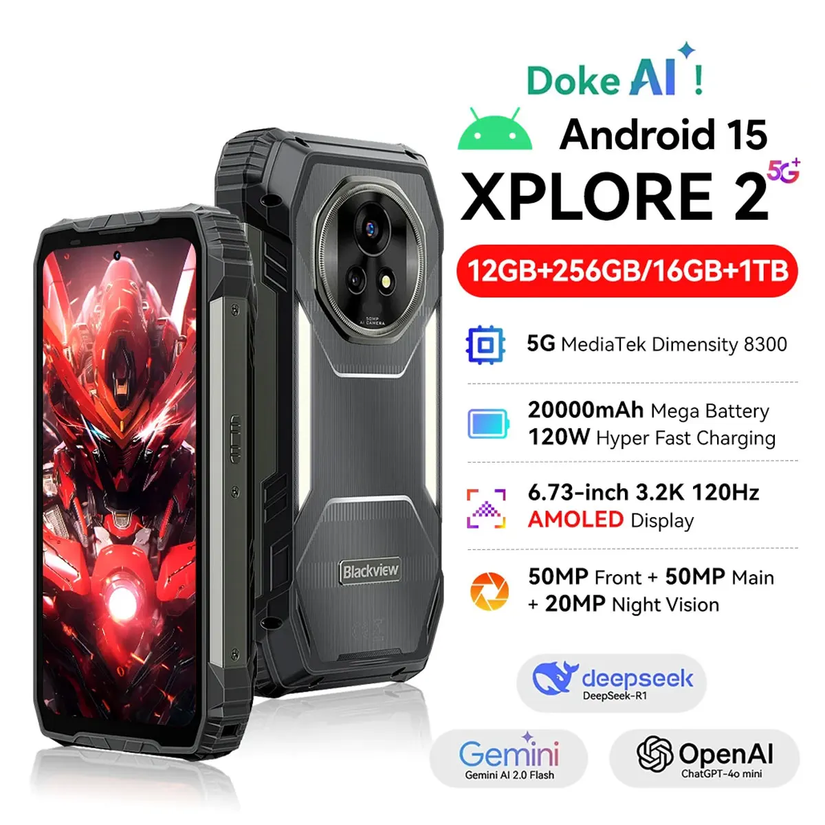 Blackview XPLORE 2 Ruggde Smartphone Android 15 6,73'' 3,2K AMOLED Display 120 Hz, 16 GB + 1 TB 5G AI Mobiltelefon,,20000 mAh/120 W Image