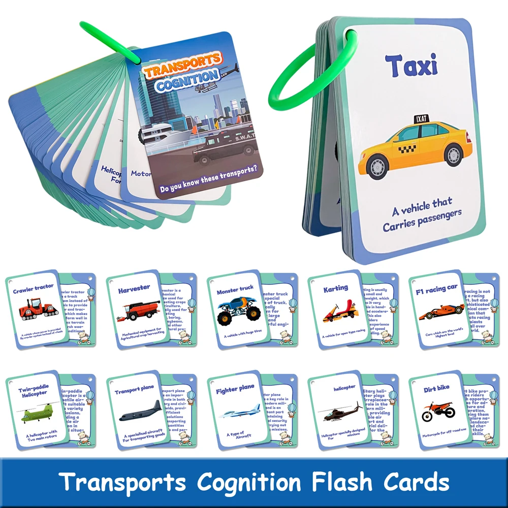 50 Stück Transport-Kognitions-Lernkarten für Kinder im Vorschulalter, Kindergarten, Fahrzeug, Vokabel, pädagogische Karteikarten, Lehrmittel Image