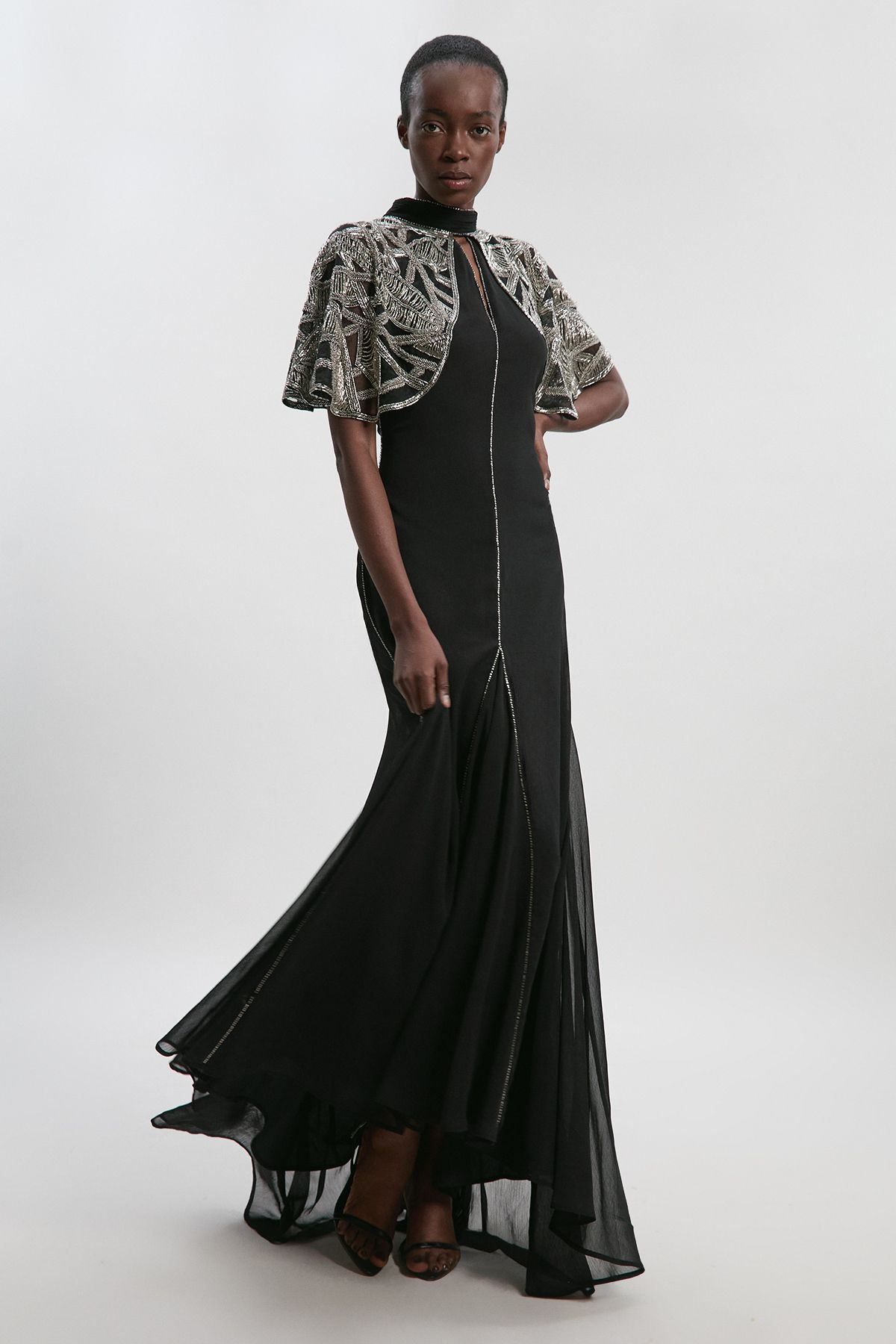 Karen Millen Womens Crystal Embellished Cutwork Cape Detail Woven Maxi Dress - Black - Size 8 UK | Karen Millen Sale | Discount Designer Brands