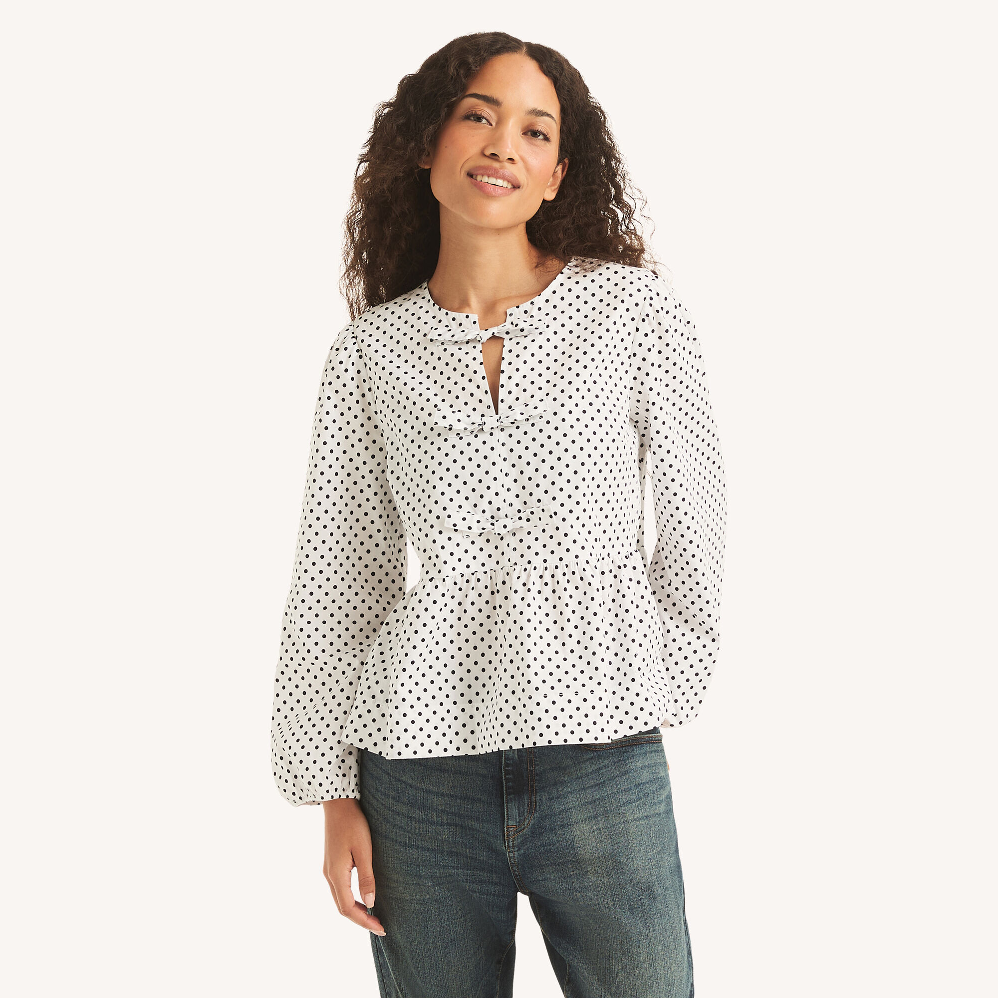 Nautica Women's Polka Dot Tie-Front Top 105 (Egret), L
