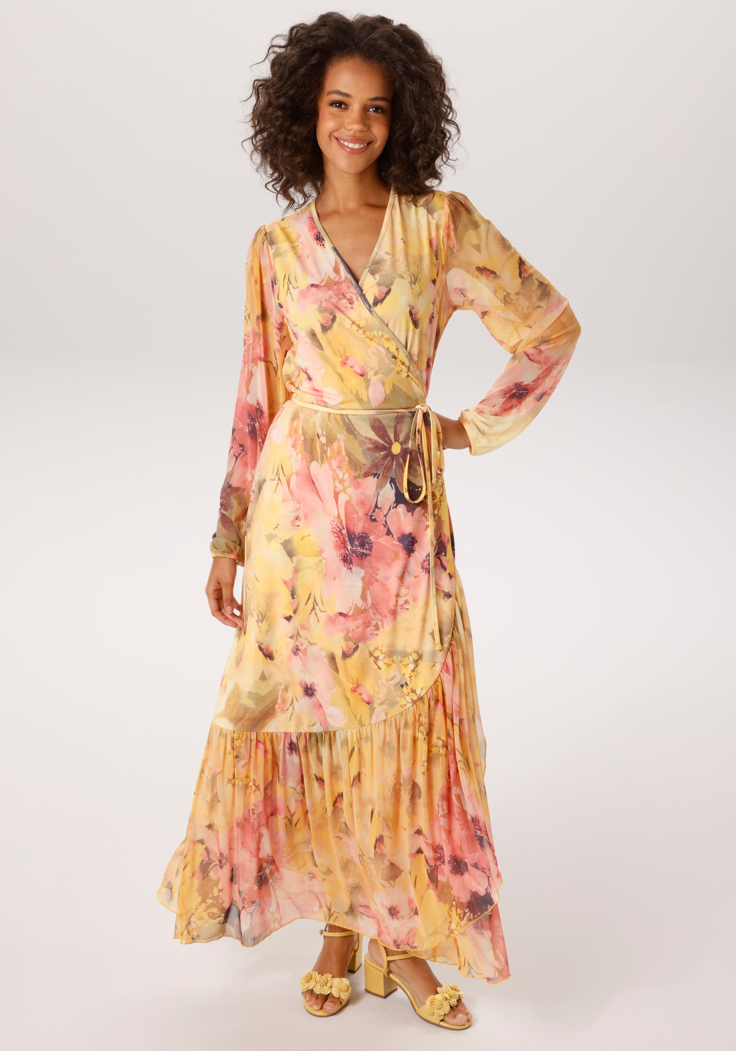 Wickelkleid ANISTON CASUAL, Damen, Gr. 40, N-Gr, gelb, apricot, rosa, moosgrün, orange, oliv, braun, marine, weiß, beere, taupe, Jersey, Obermaterial: 95% Polyester, 5% Elasthan. Volant: 95% Polyester, 5% Elasthan, bedruckt, geblümt, figurumspielend...