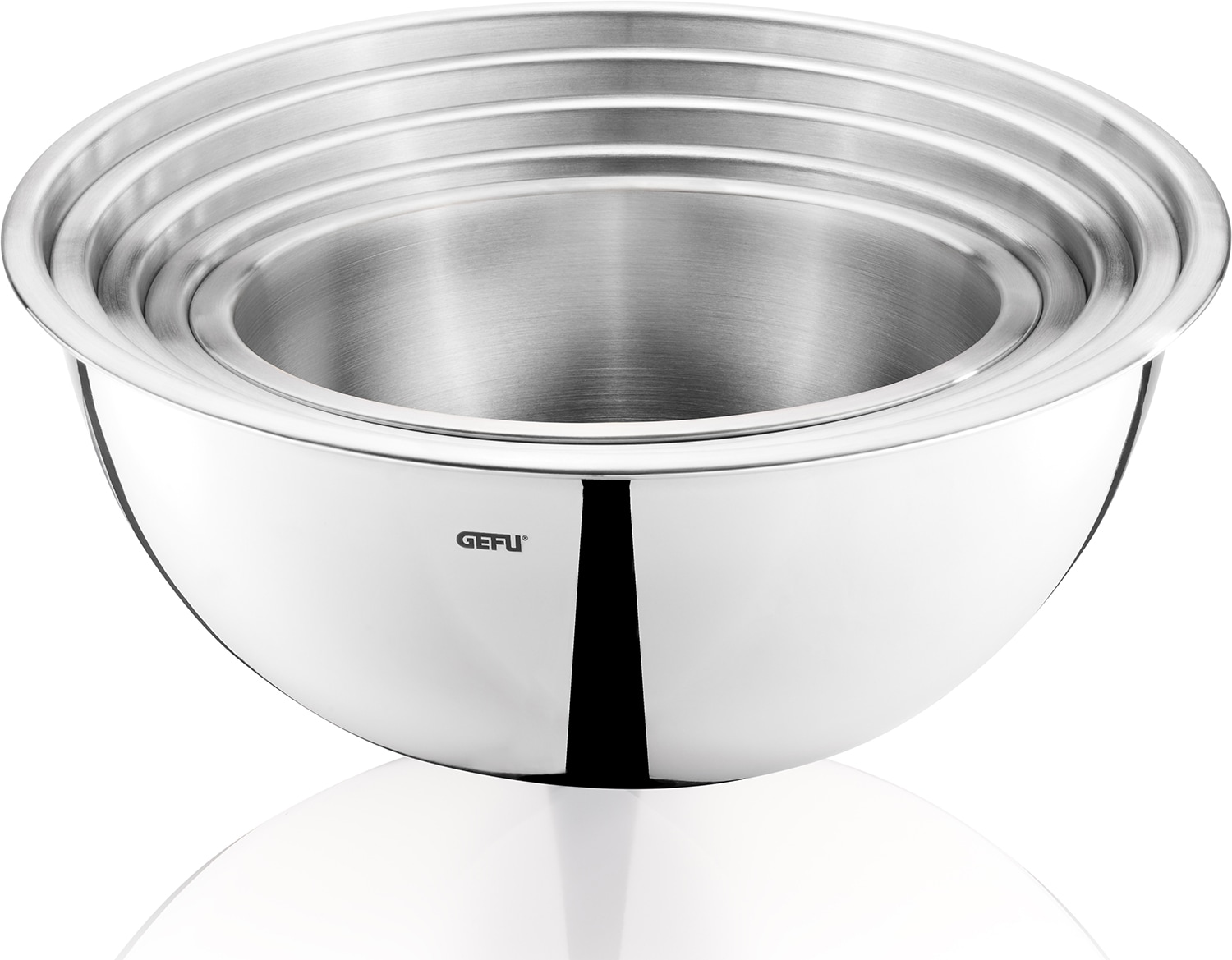 Rührschüssel GEFU "Edelstahlschüssel-Set, 5-teilig Schüssel-Set", silber, B:26cm H:10,5cm L:26cm T:26cm Ø:26cm, Edelstahl, Schüsseln, Rührschüssel, stapelbar, praktischer Schüttrand für tropffreies Ausgießen