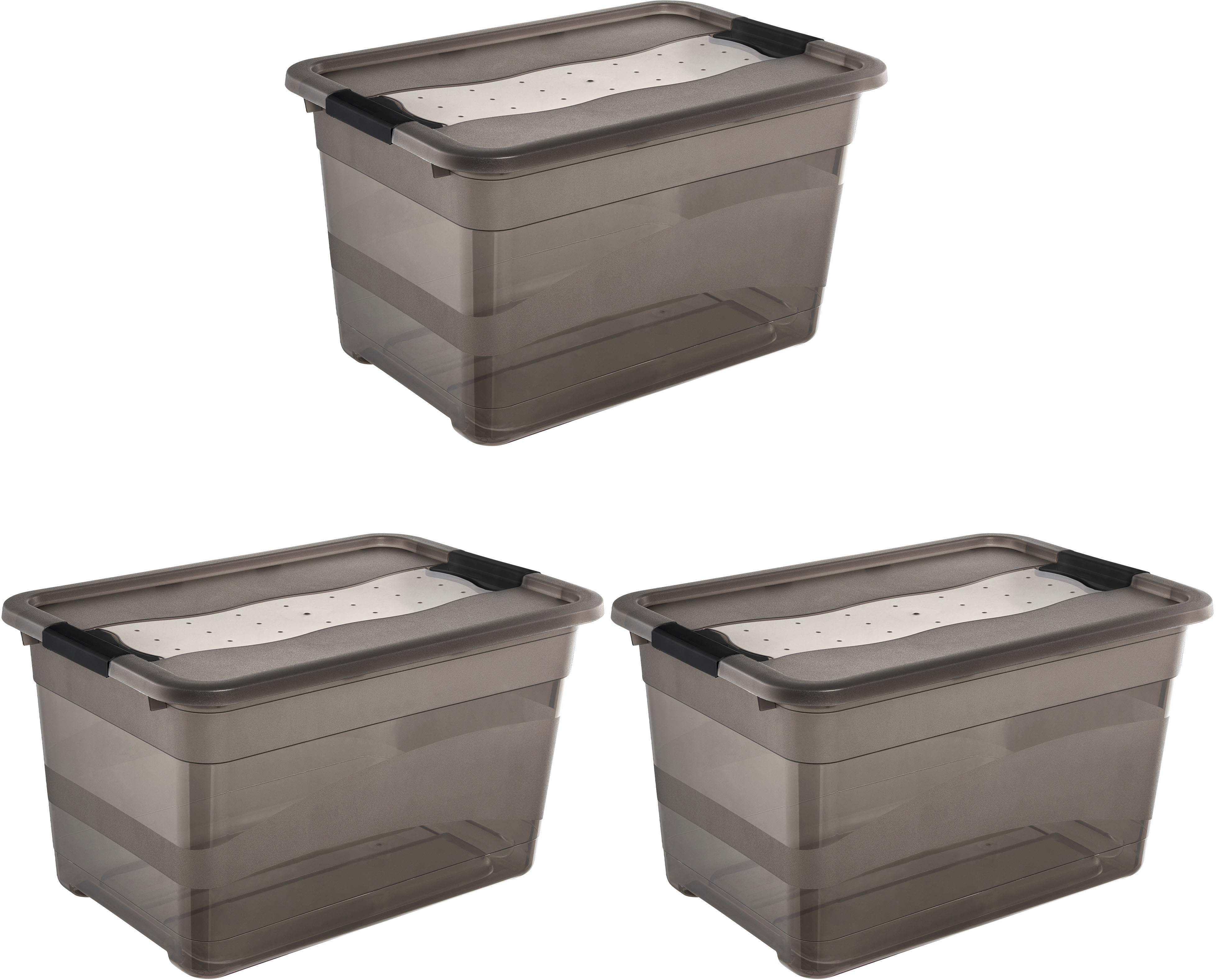 Aufbewahrungsbox KEEEPER "Cornelia, 3er Set, 52 L, 59,5 x 39,5 x 34 cm", crystal grau, B:59,5cm H:34cm T:39cm, Kunststoff, Aufbewahrungsboxen, Aufbewahrungsbox, durch Clips verschließbar, Griffe am Boden