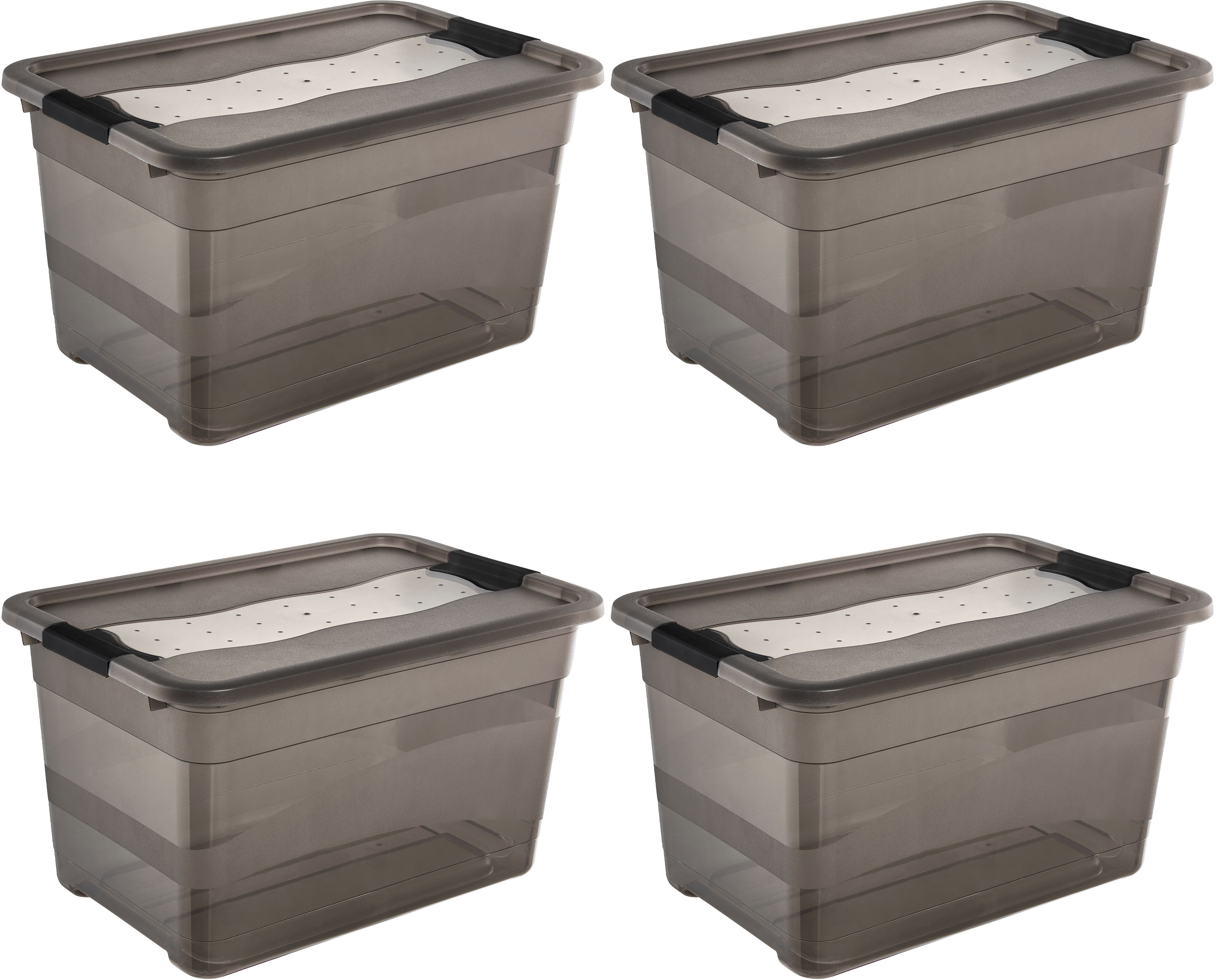 Aufbewahrungsbox KEEEPER "Cornelia, 4er Set, 52 L, 59,5 x 39,5 x 34 cm", crystal grau, B:59,5cm H:34cm T:39,5cm, Kunststoff, Aufbewahrungsboxen, Aufbewahrungsbox, durch Clips verschließbar, Griffe am Boden