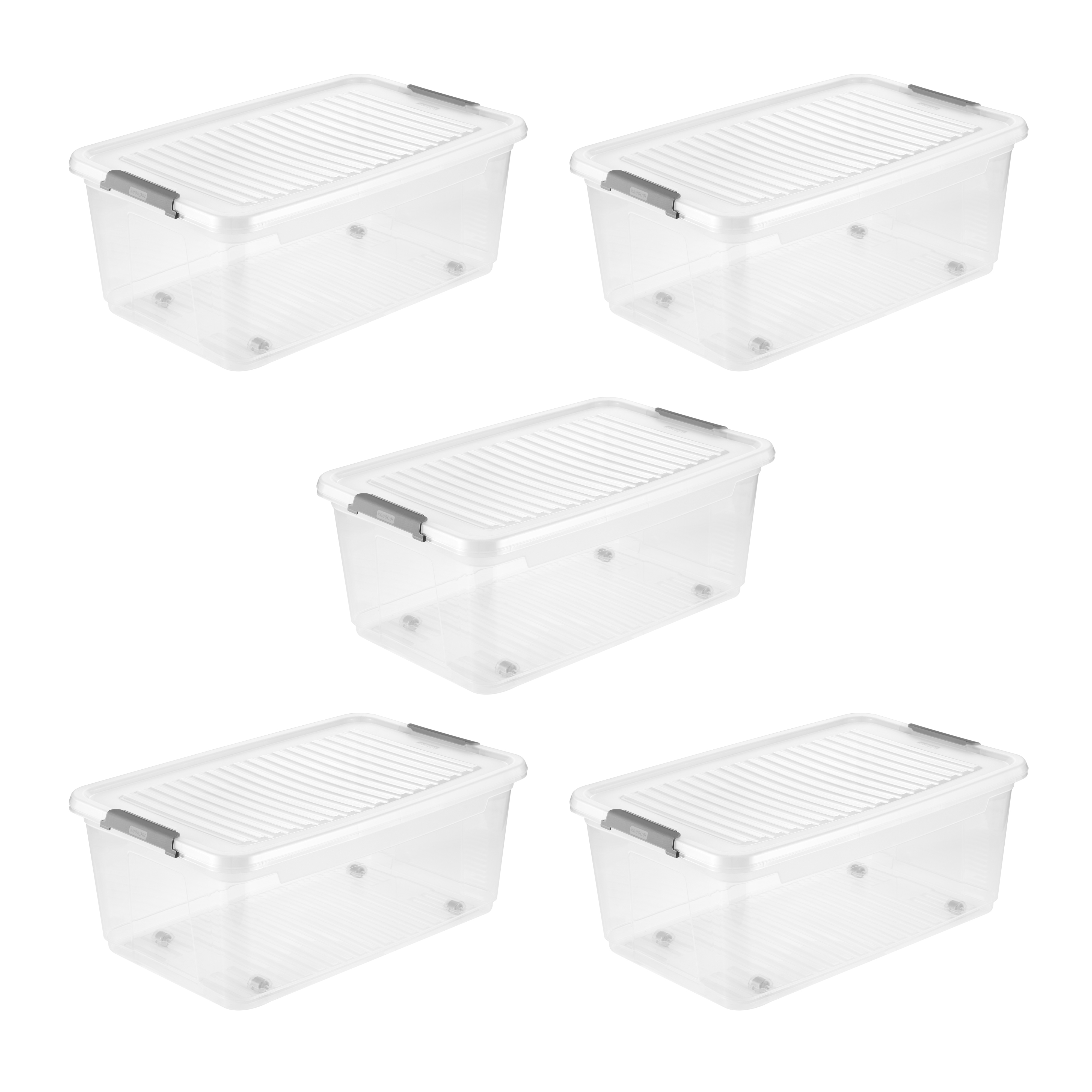 Aufbewahrungsbox KEEEPER "Clipbox Leo (Set 5 St.) 37 L, 59 x 38 x 24 cm", transparent, B:59cm H:24cm T:38cm, Kunststoff, Aufbewahrungsboxen, Aufbewahrungsbox, Schanierclips, Doppelöffnung, 90 drehbare Räder, fixierbarer Deckel