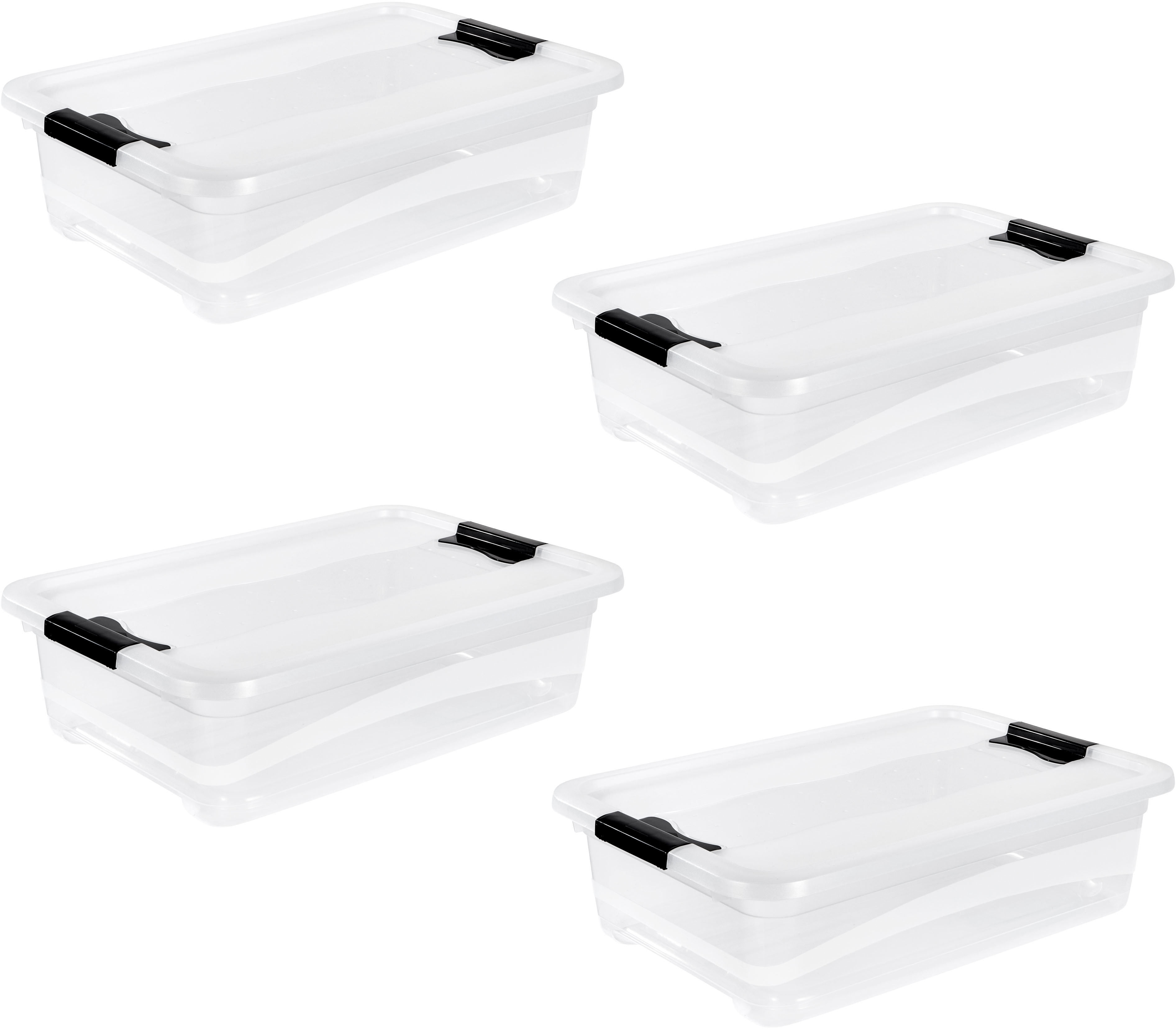 Aufbewahrungsbox KEEEPER "Cornelia, 4er Set, 28 L, 59,5 x 39 x 19,5 cm", transparent, B:59,5cm H:19,5cm T:39cm, Kunststoff, Aufbewahrungsboxen, Aufbewahrungsbox, durch Clips verschließbar, Griffe am Boden