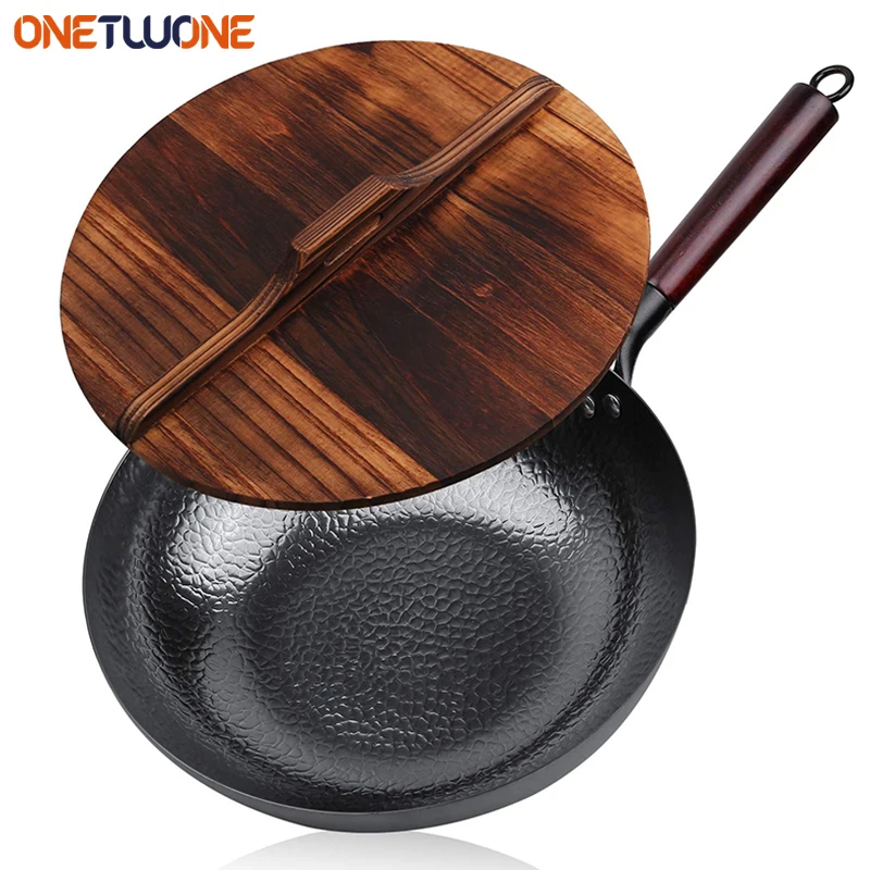 12.5 "Carbon Stahl Wok,Woks und Rühren Braten Pfannen mit deckel Küche Cookwar Für Elektrische, induktion und Gas Öfen Flachen Boden Wok Image