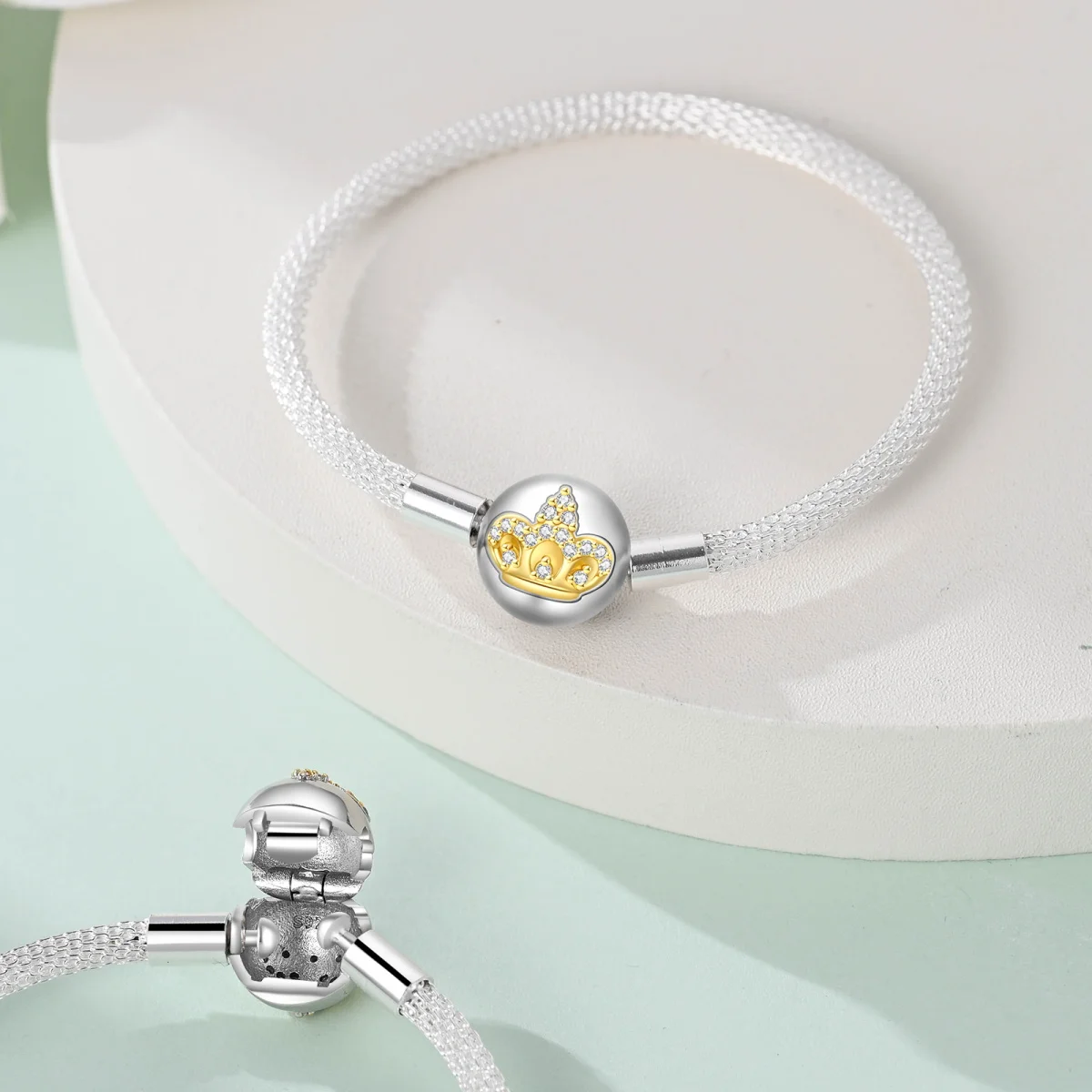 Versilbertes 925er Original-Armband mit goldener Krone, passend für Marken-Charm aus 925er Silber, Perlen für Damen, Schmuck, Geschenke Image