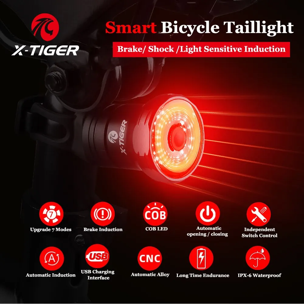 X-TIGER fanale posteriore per bici luce di rilevamento del freno intelligente fanale posteriore per bicicletta IPX6 fanale posteriore di ricarica a LED impermeabile accessori per ciclismo