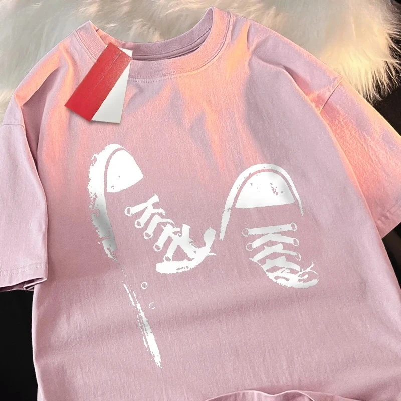Leinwand Schuh Vintage Stil T-Shirt Frauen Oansatz Kleidung Lose T-Shirts Tops Straße Kurzarm Weiche Atmungsaktive T-shirts Grafik Y2K