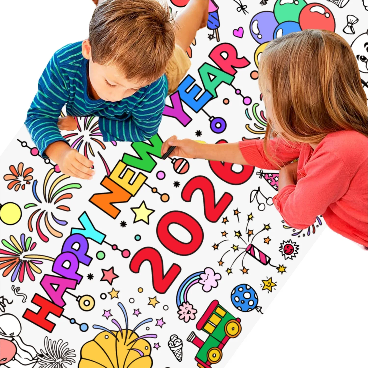 Riesiges „Frohes Neues Jahr“-Malposter für Kinder 2026, Silvester, riesige Mal-Tischdecke, große Bücher, riesige Blatt-Seiten-Tischdecke Image