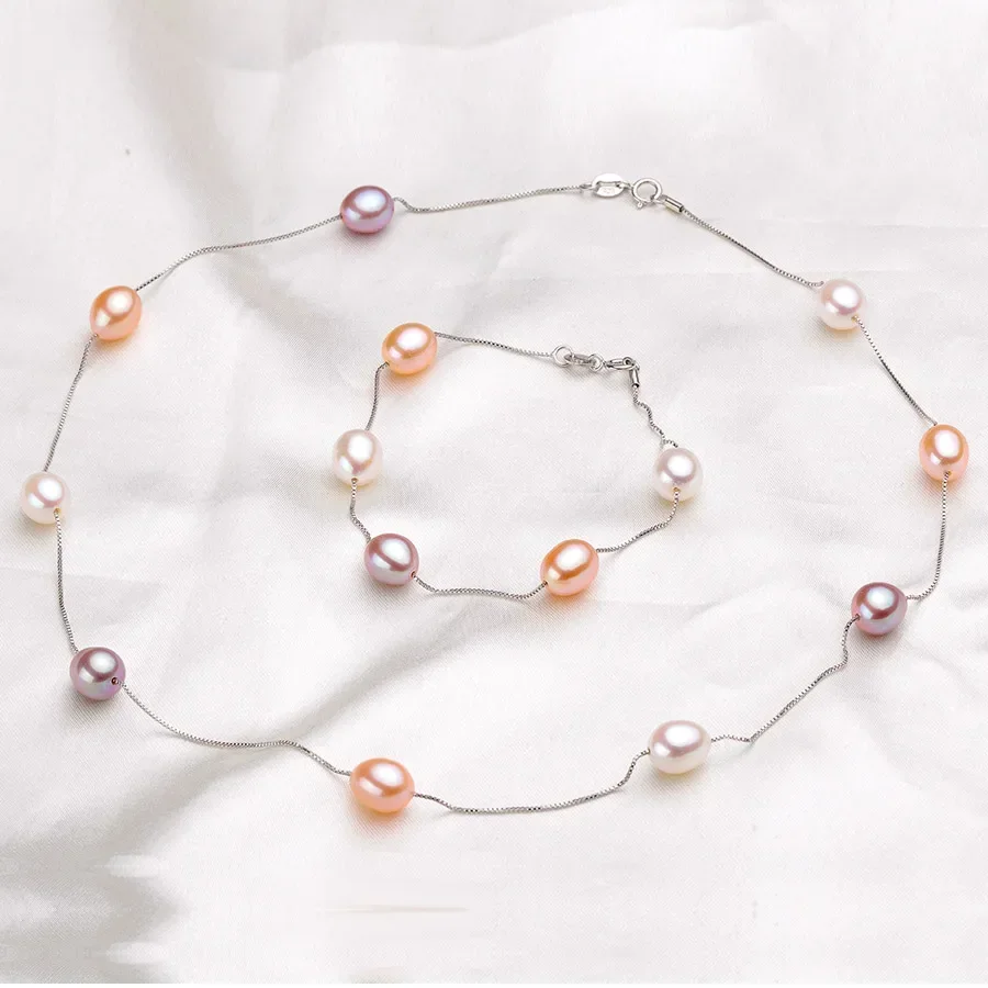 HENGSHENG Set di gioielli con collana/bracciale di perle naturali Catena in argento sterling 925 con gioielli di perle d'acqua dolce regalo per le donne