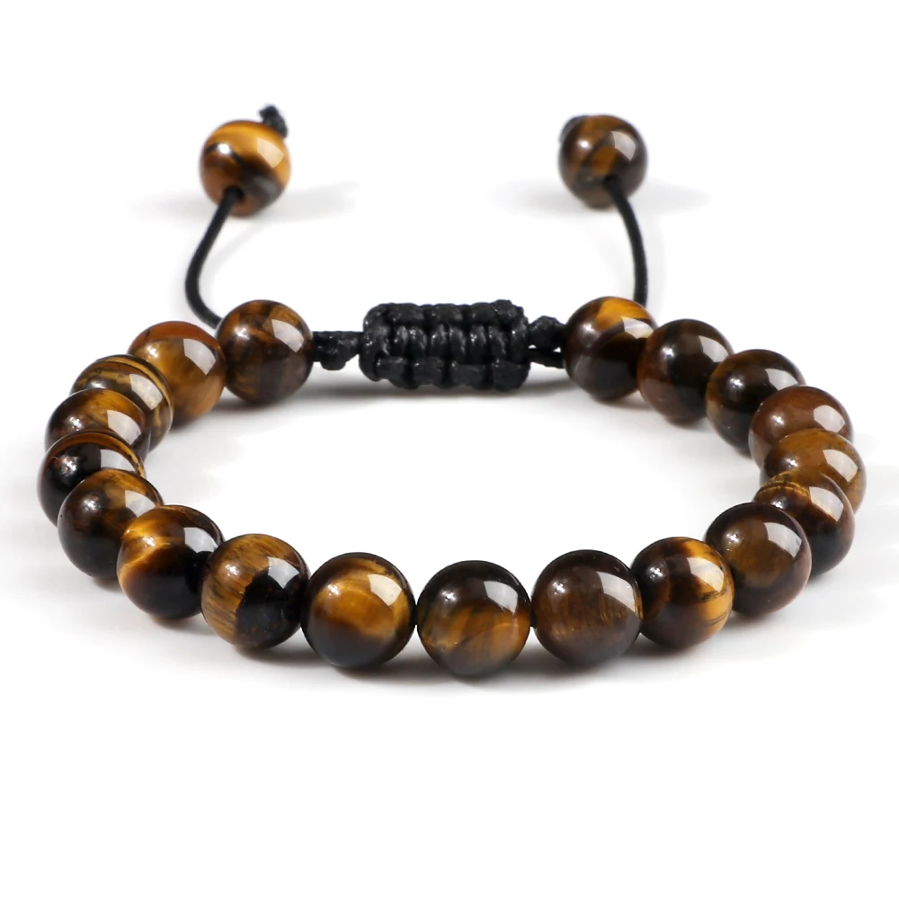 Bracciale con perline in pietra occhio di tigre da 8 mm Braccialetti con corda intrecciata regolabile Braccialetti con equilibrio curativo per uomo e donna in roccia lavica naturale