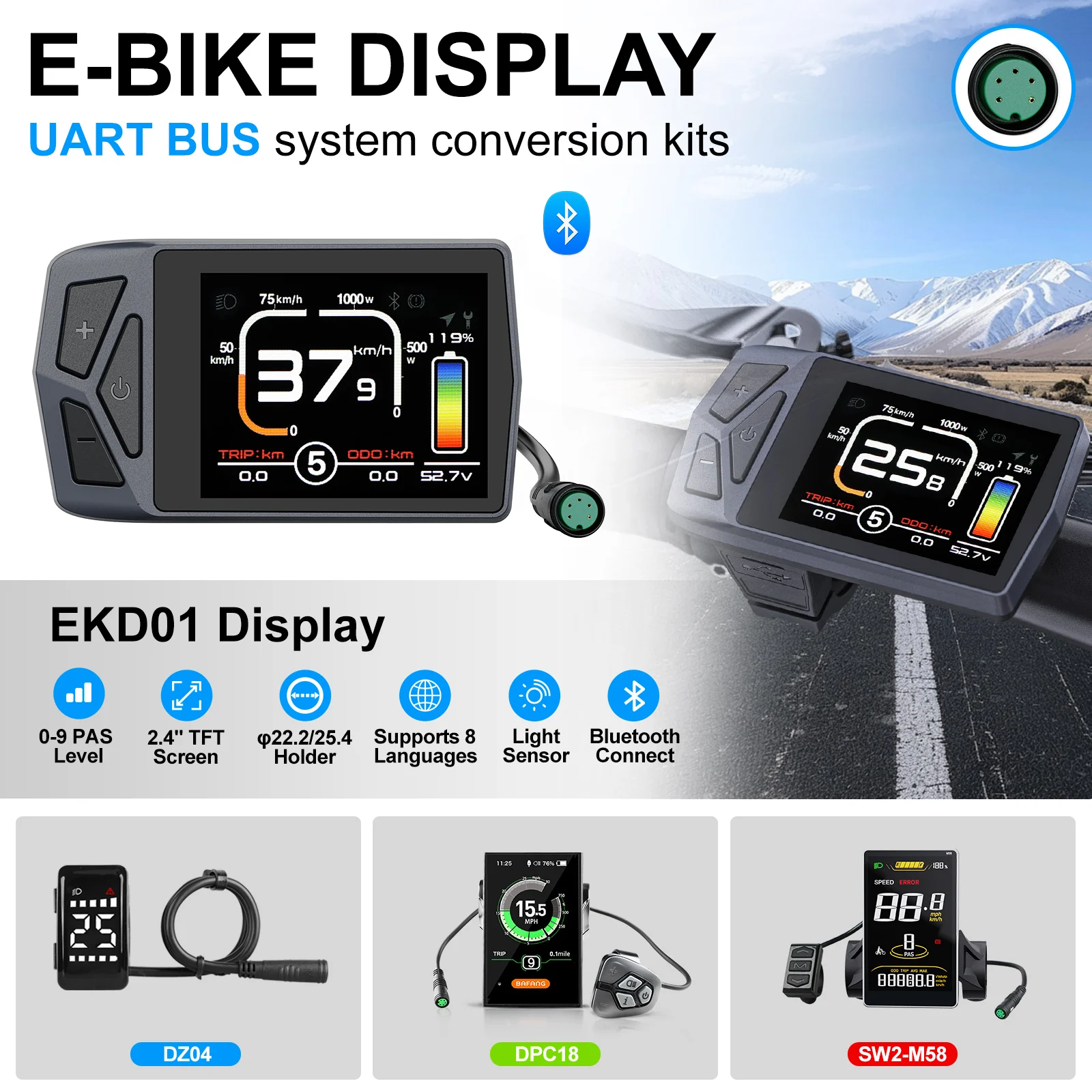 Bafang UART Display Protokoll 36V 48V 52V EKD01 Bluetooth Computer DZ40 DPC18 SW2-M58 LCD Instrument für Hub Mid Motor Ebike Kits Image