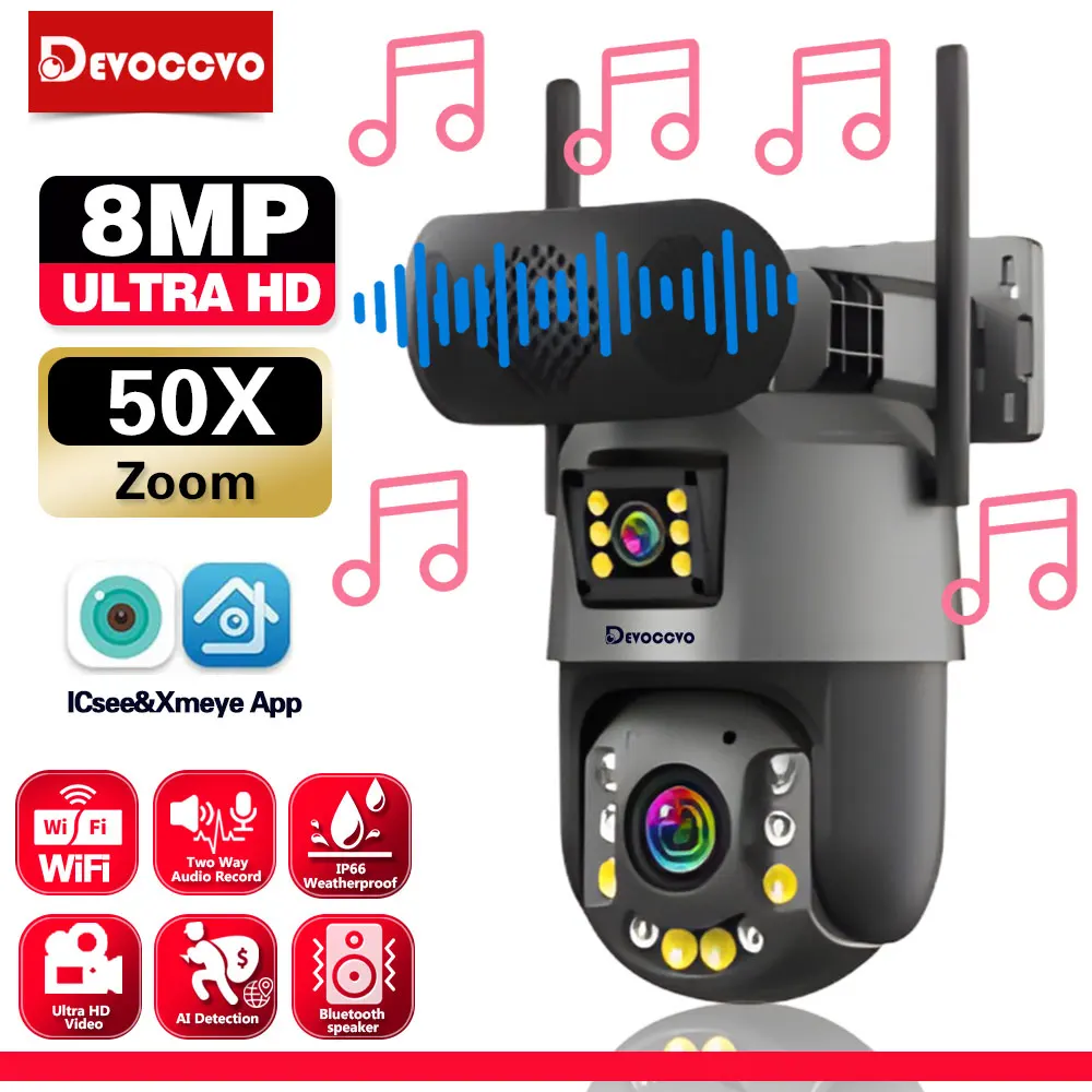 PTZ IP-Überwachungskamera 4K Dual Lens Wifi 50X Zoom Outdoor Human Detection ICSEE CCTV-Überwachungskamera mit Bluetooth-Lautsprecher