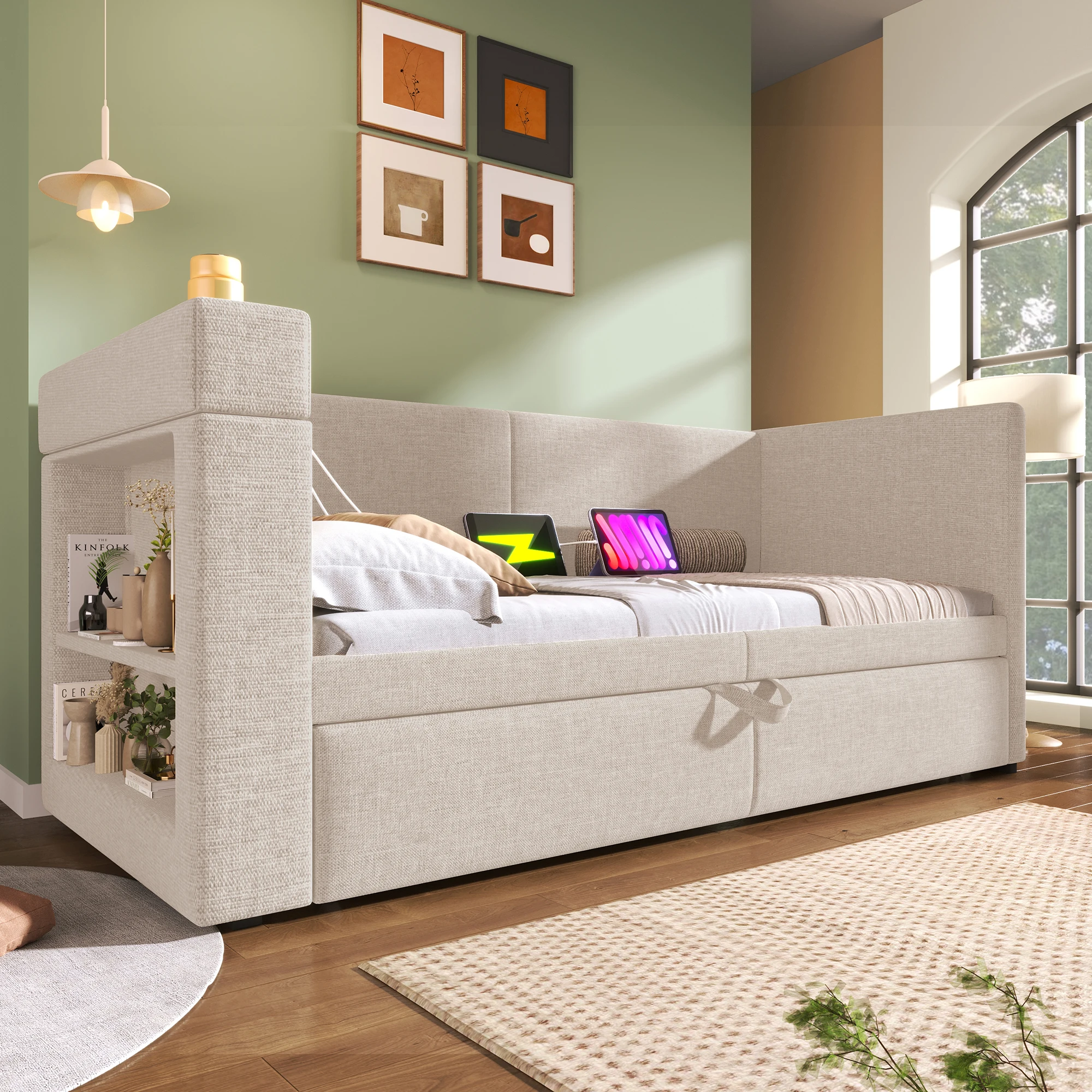 KOMHTOM Daybett 90x200 cm, Armlehnen (USB- & Type-C-Ladeanschluss, Getränkehalter), Leinen-Mischgewebe, ohne Matratze
