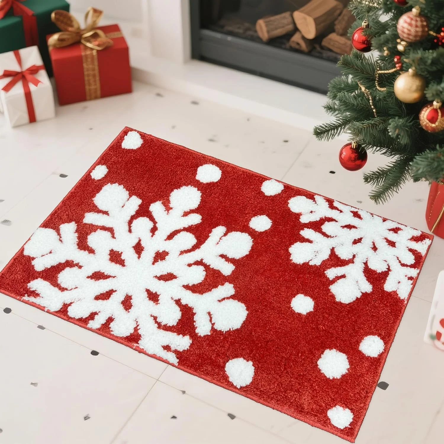 VIKAMA Weihnachten saugfähiger Schneeflocken-Teppich für Badezimmer, Dusche, rutschfeste Matte, Eingangstür, dekorativer Teppich, Heimdekoration