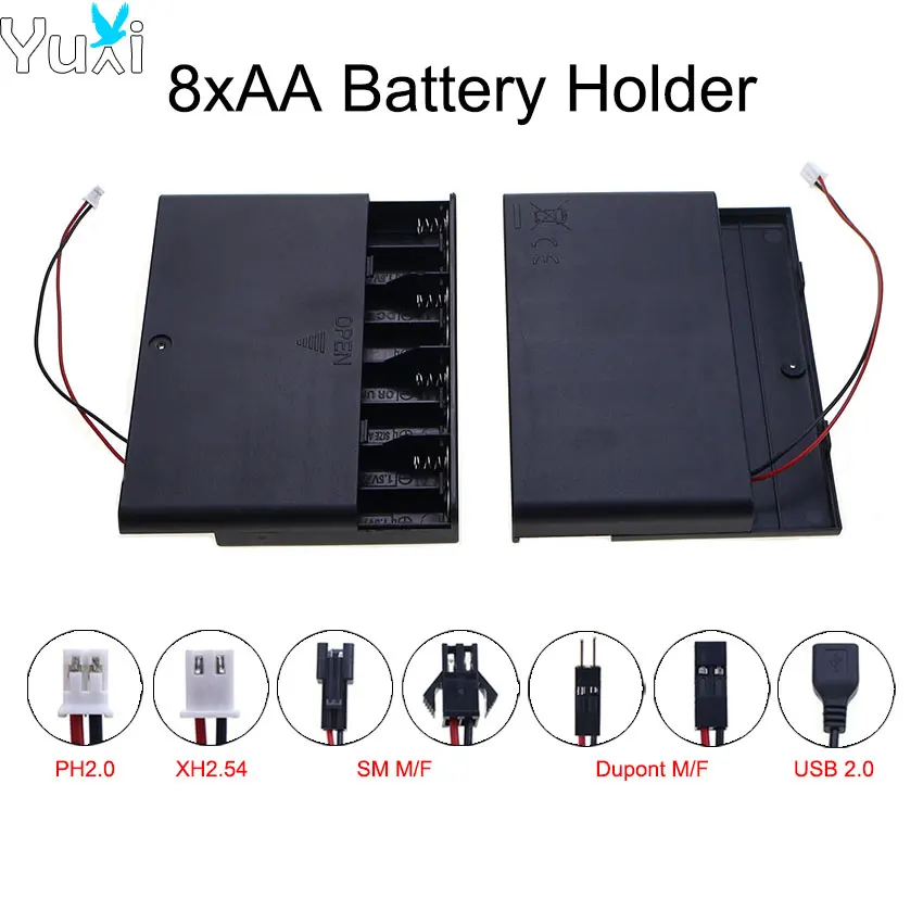 YuXi 1 Stück AA-Batterie-Aufbewahrungsbox, 8-Slot-Batteriehalter mit Anschlusskabel, SM Dupont PH2.0 XH2.54 USB-Stecker Image